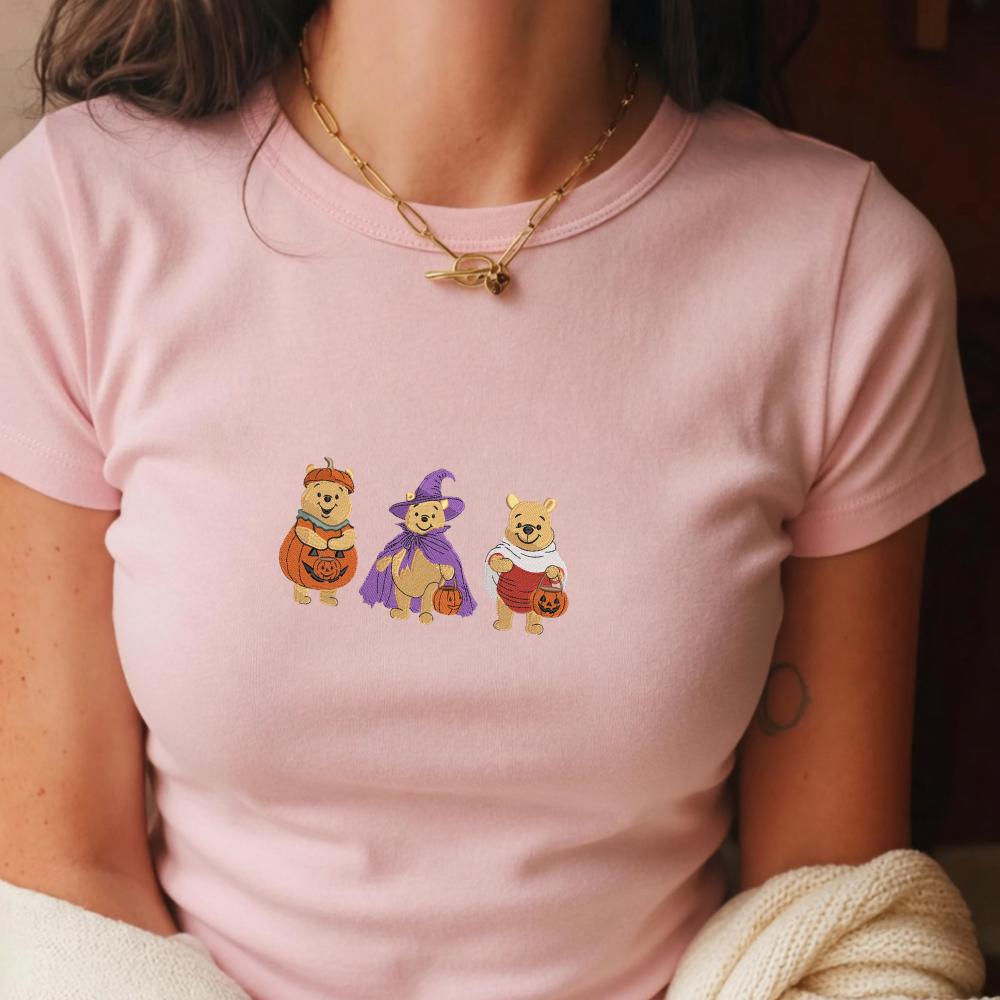 Winnie the Pooh Halloween Embroidered Baby Tee With Cute Bear, Women's Fitted Crop Tee for Fall Disney Inspired Gift - photo 3