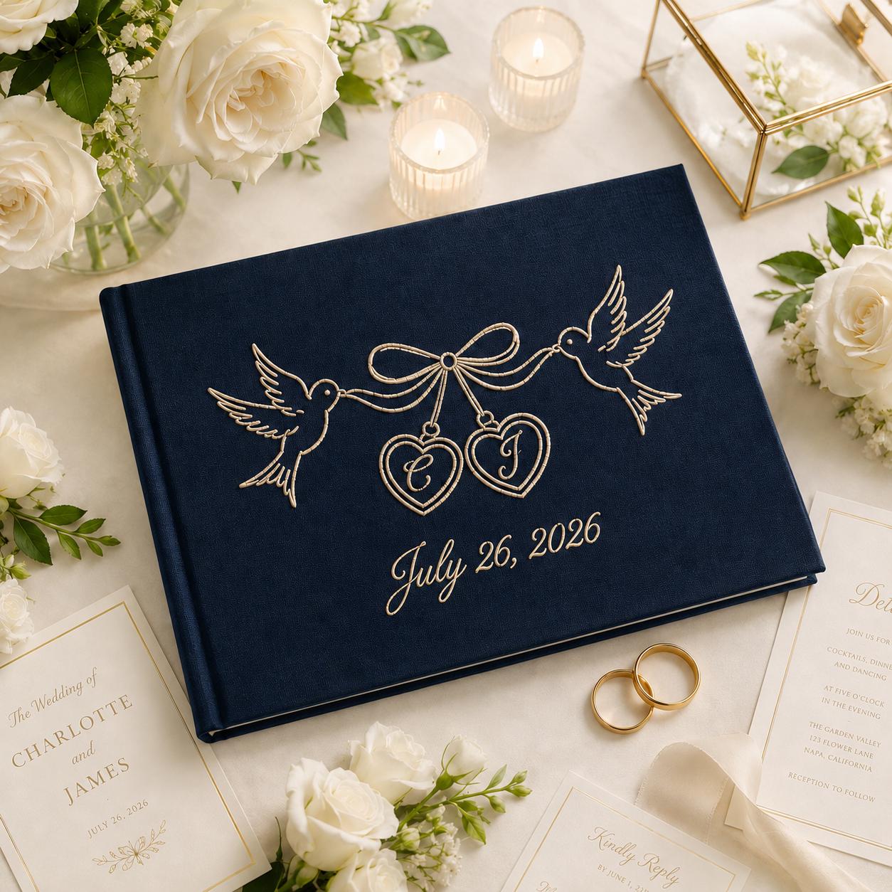 Custom Embroidered Personalized Love Birds Linen Wedding Guest Book – Polaroid Photo Album And Bridal Shower Keepsake Gift