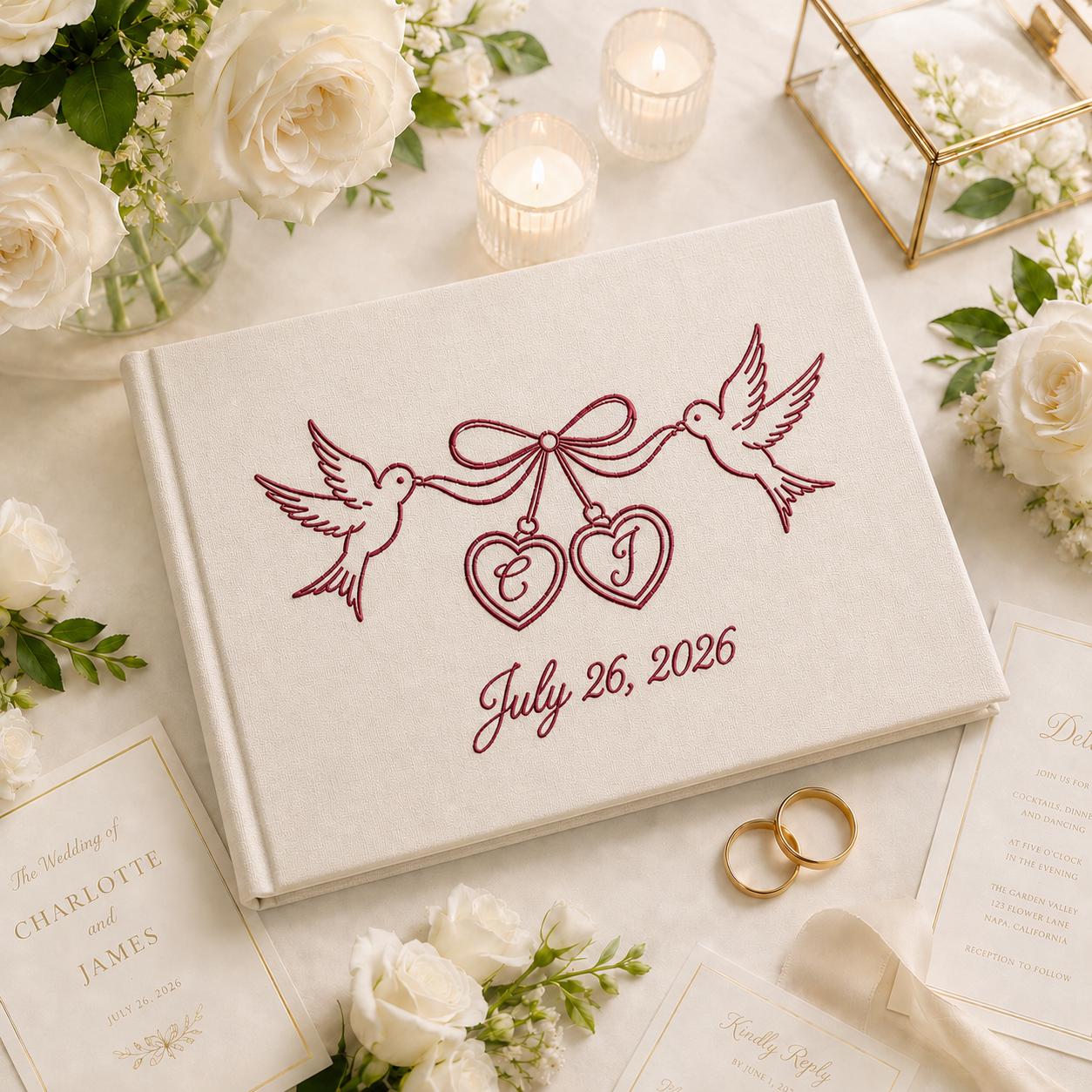 Custom Embroidered Personalized Love Birds Linen Wedding Guest Book – Polaroid Photo Album And Bridal Shower Keepsake Gift - photo 2