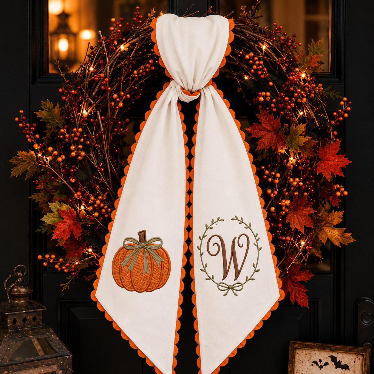 Custom Personalized Embroidered Pumpkin Initial Door Sash with Fall Wreath Bow for Autumn Porch Decoration and Thanksgiving Front Door Decor