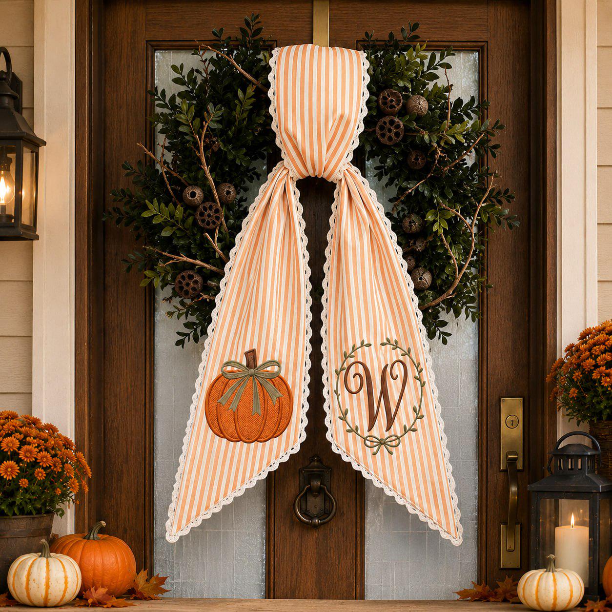 Custom Personalized Embroidered Pumpkin Initial Door Sash with Fall Wreath Bow for Autumn Porch Decoration and Thanksgiving Front Door Decor - photo 2