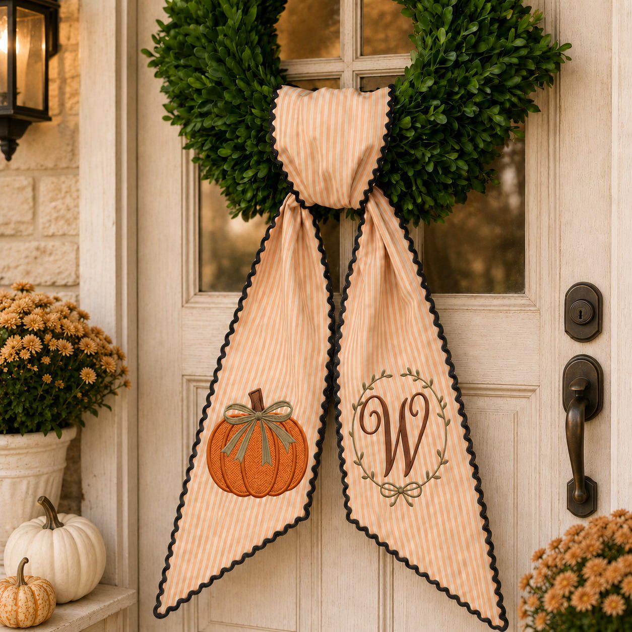 Custom Personalized Embroidered Pumpkin Initial Door Sash with Fall Wreath Bow for Autumn Porch Decoration and Thanksgiving Front Door Decor - photo 3