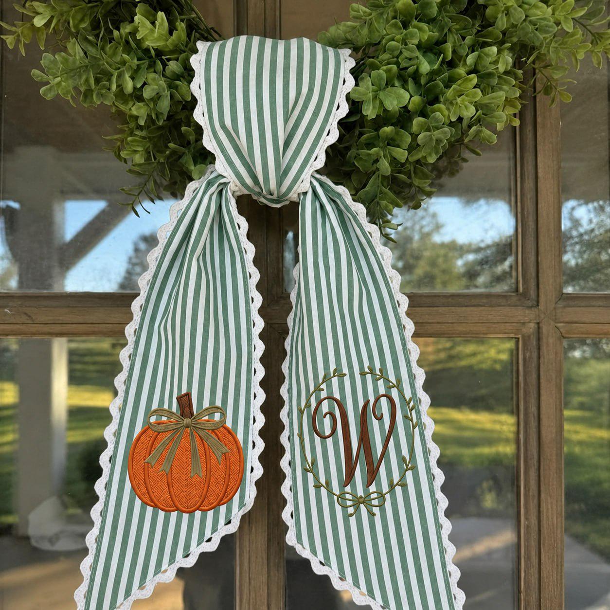 Custom Personalized Embroidered Pumpkin Initial Door Sash with Fall Wreath Bow for Autumn Porch Decoration and Thanksgiving Front Door Decor - photo 4