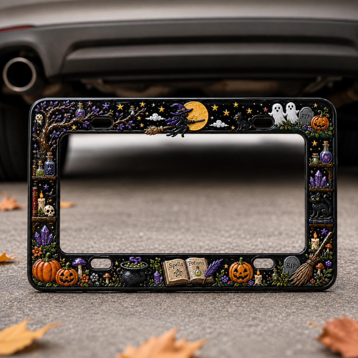 Haunted Graveyard Halloween License Plate Frame – Ghost, Pumpkin, and Witch Car Tag Frame for Spooky Auto Decor Accessory Gift