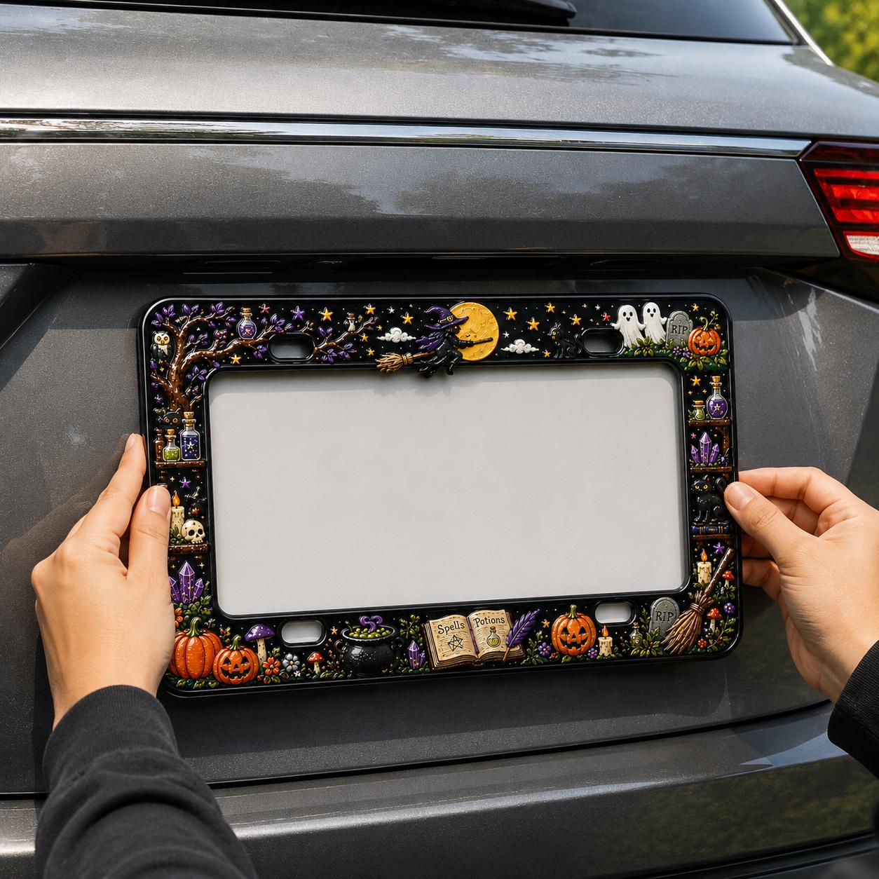 Haunted Graveyard Halloween License Plate Frame – Ghost, Pumpkin, and Witch Car Tag Frame for Spooky Auto Decor Accessory Gift - photo 2