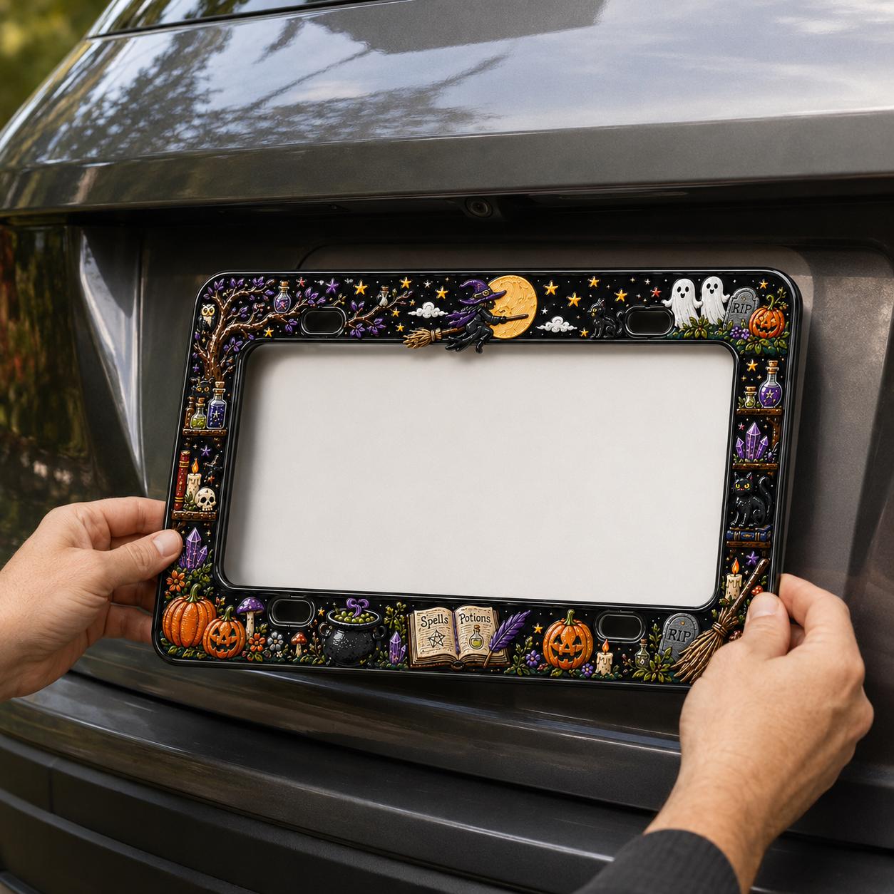 Haunted Graveyard Halloween License Plate Frame – Ghost, Pumpkin, and Witch Car Tag Frame for Spooky Auto Decor Accessory Gift - photo 3