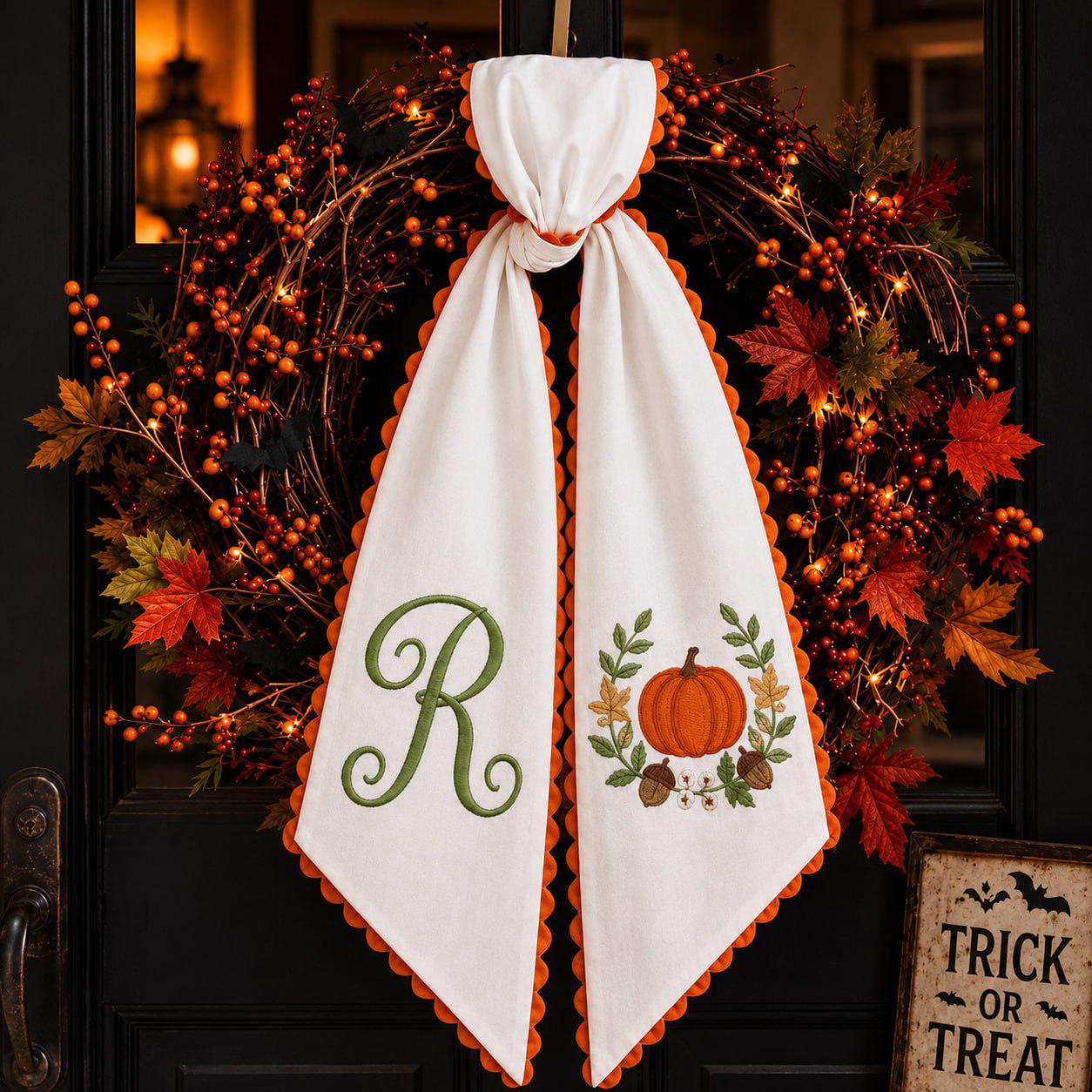 Personalized Custom Embroidered Pumpkin Wreath Bow Fall Door Sash โ Thanksgiving Porch Decor and Autumn Housewarming Gift