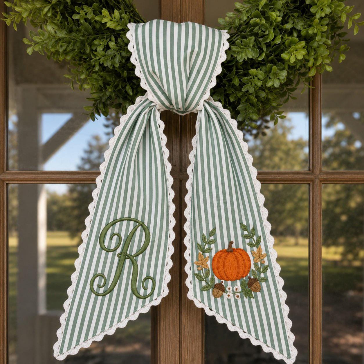 Personalized Custom Embroidered Pumpkin Wreath Bow Fall Door Sash – Thanksgiving Porch Decor and Autumn Housewarming Gift - photo 2