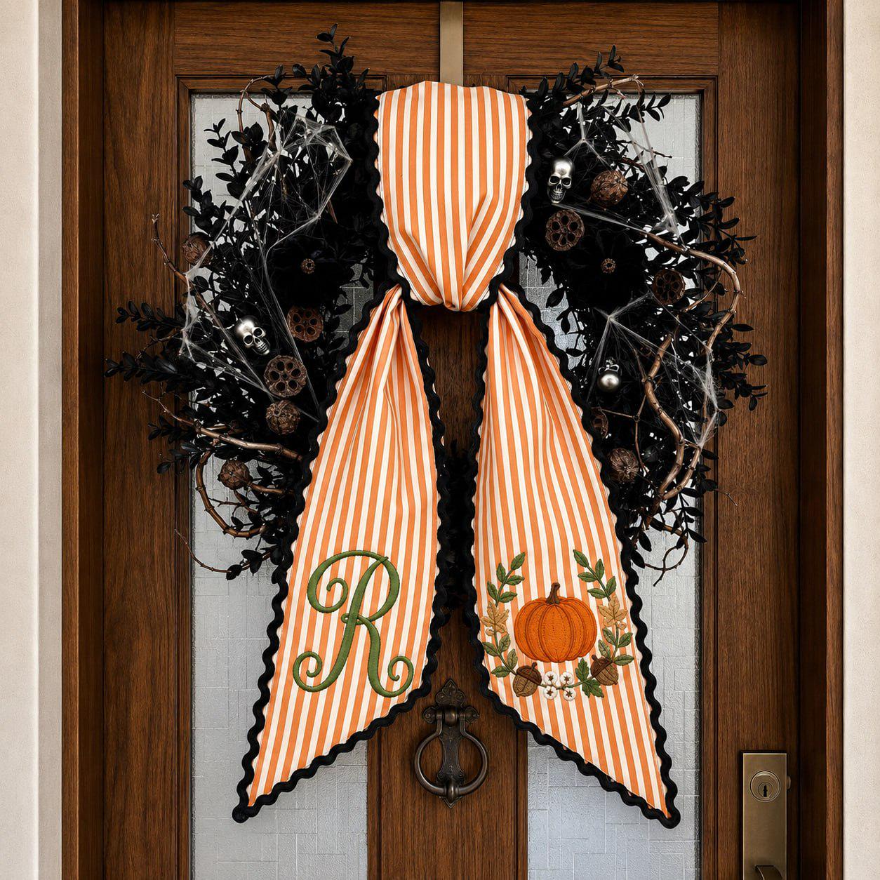 Personalized Custom Embroidered Pumpkin Wreath Bow Fall Door Sash – Thanksgiving Porch Decor and Autumn Housewarming Gift - photo 3