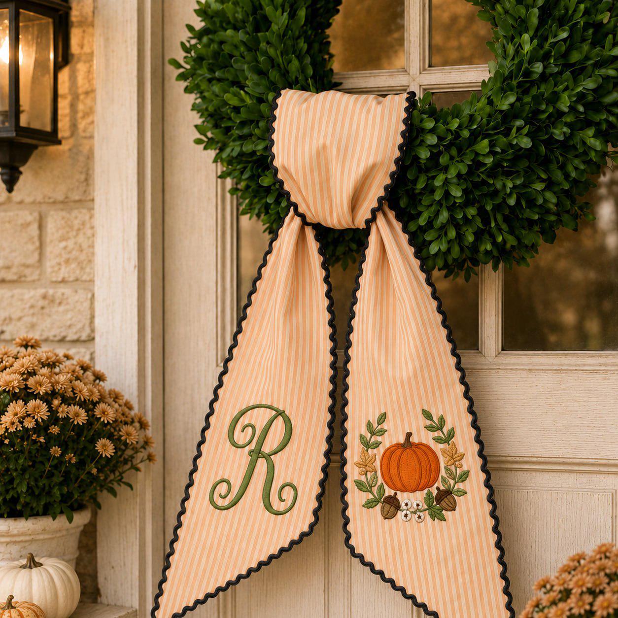 Personalized Custom Embroidered Pumpkin Wreath Bow Fall Door Sash – Thanksgiving Porch Decor and Autumn Housewarming Gift - photo 4
