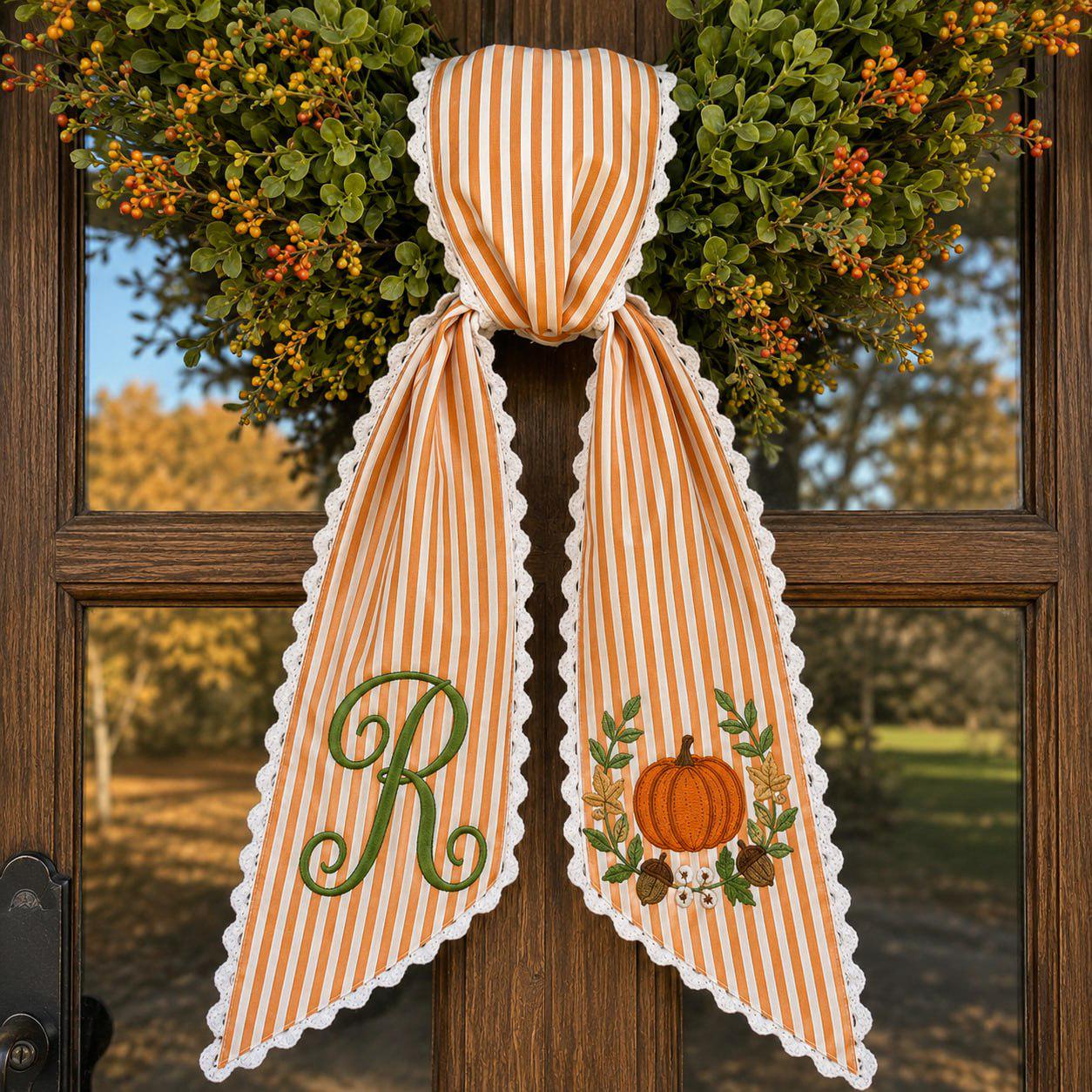 Personalized Custom Embroidered Pumpkin Wreath Bow Fall Door Sash – Thanksgiving Porch Decor and Autumn Housewarming Gift - photo 7