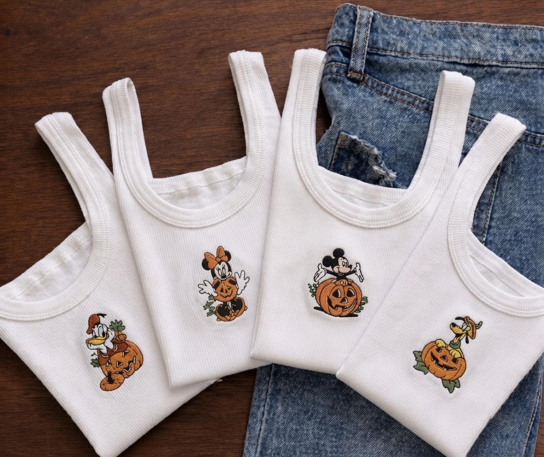 Disney Halloween Embroidered Mickey and Friends Pumpkin Tank Top for Spooky Season Disney World Vacation and Magic Kingdom Outfit