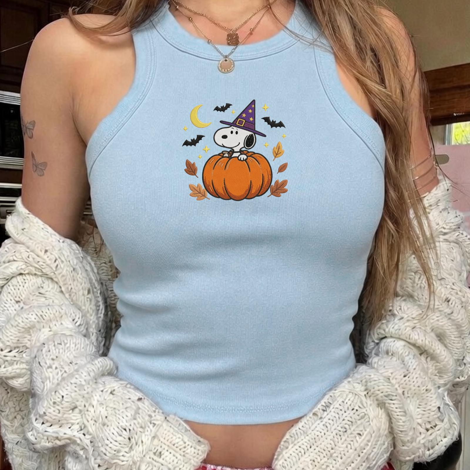 Embroidered Snoopy Pumpkin Tank Top – Cozy Fall Halloween Witch Spaghetti Strap Baby Tee For Autumn Gift