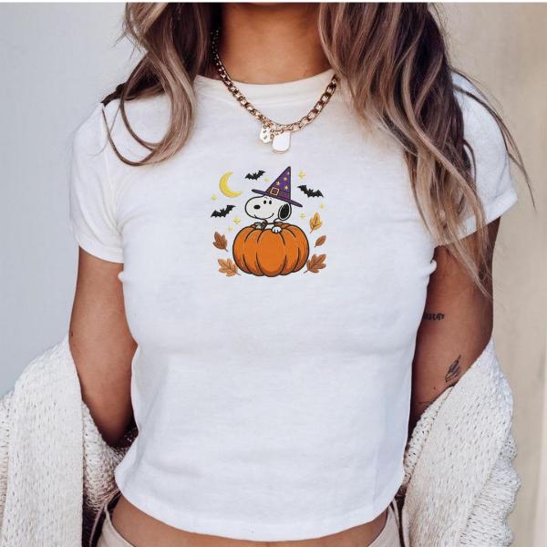 Embroidered Snoopy Pumpkin Tank Top – Cozy Fall Halloween Witch Spaghetti Strap Baby Tee For Autumn Gift - photo 2