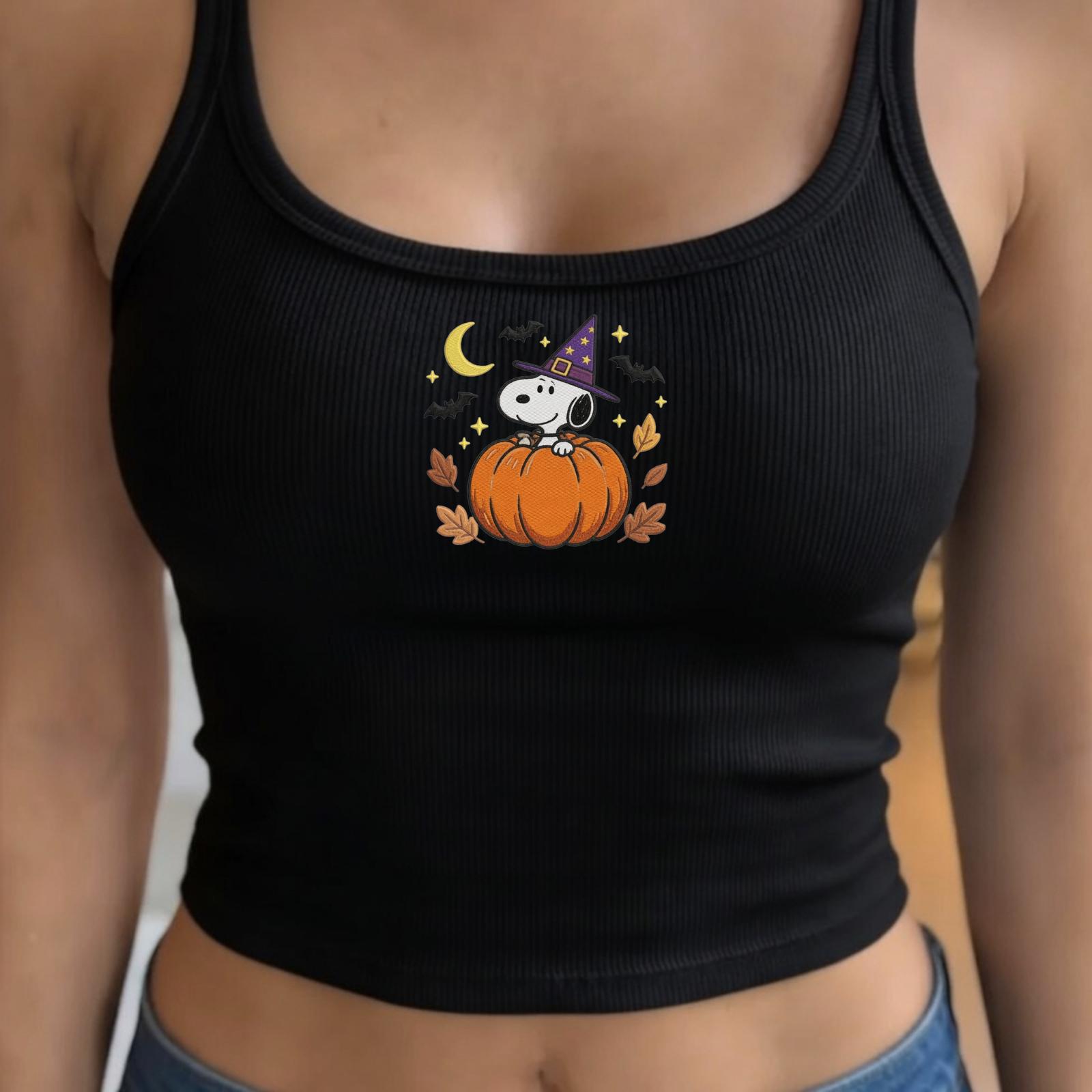 Embroidered Snoopy Pumpkin Tank Top – Cozy Fall Halloween Witch Spaghetti Strap Baby Tee For Autumn Gift - photo 4