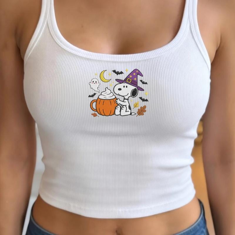 Embroidered Halloween Pumpkin Baby Tee – Cute Fall Snoopy Witch Spaghetti Strap Tank Top And Cozy Autumn Shirt - photo 3