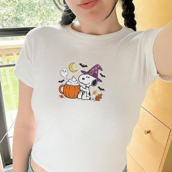 Embroidered Halloween Pumpkin Baby Tee – Cute Fall Snoopy Witch Spaghetti Strap Tank Top And Cozy Autumn Shirt - photo 4