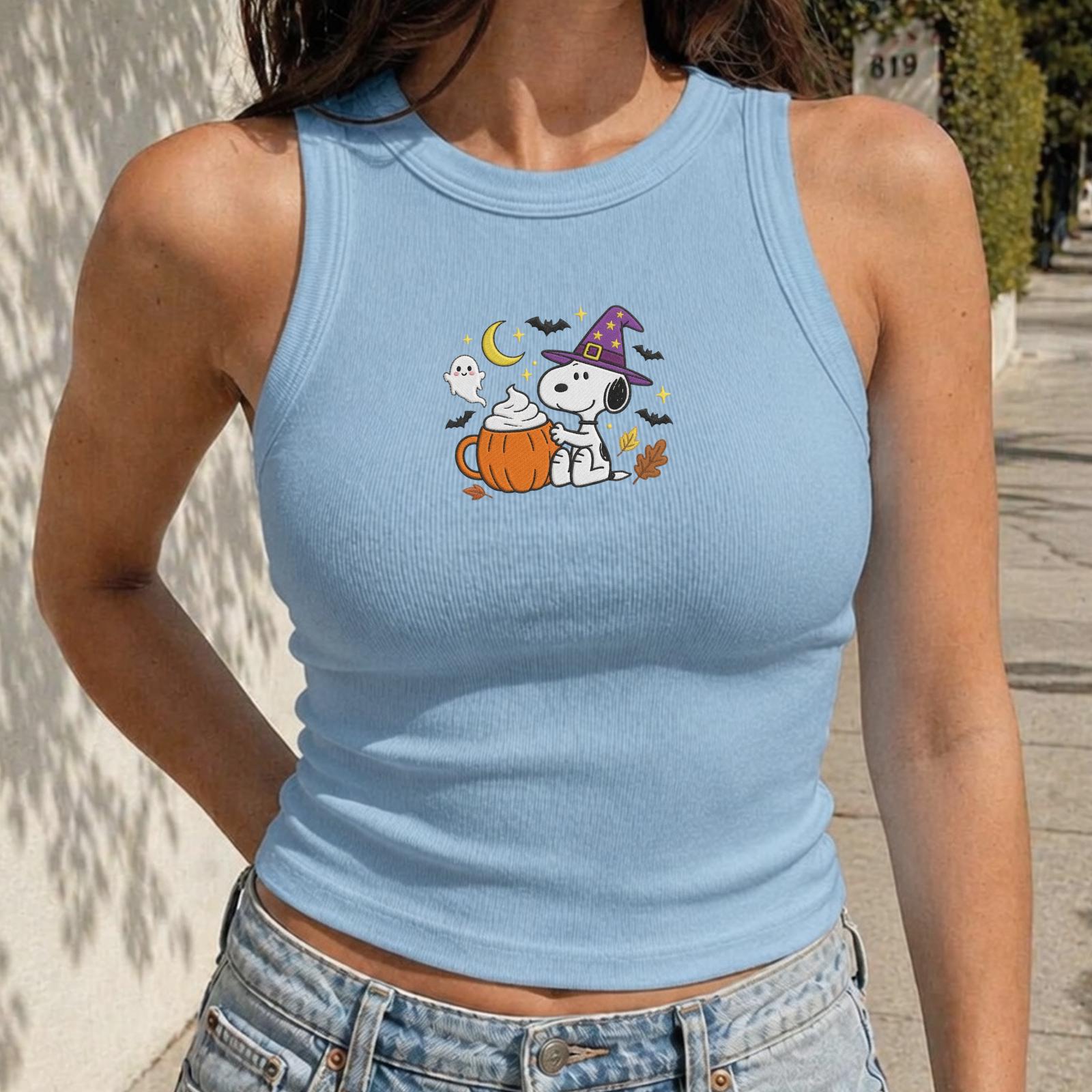 Embroidered Halloween Pumpkin Baby Tee – Cute Fall Snoopy Witch Spaghetti Strap Tank Top And Cozy Autumn Shirt - photo 5