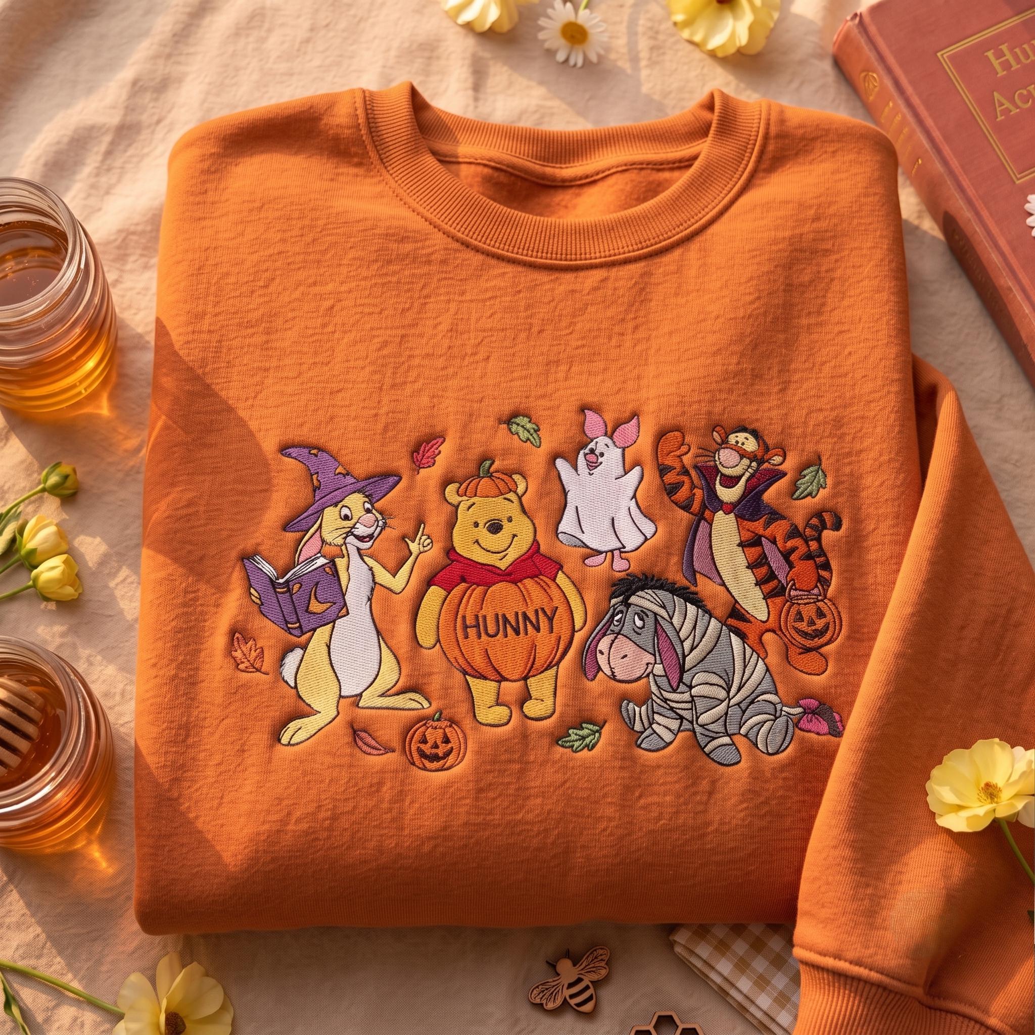 Embroidered Halloween Winnie the Pooh and Friends Sweatshirt With Cute Storybook Bear Pumpkin for Fall Autumn Spooky Gift