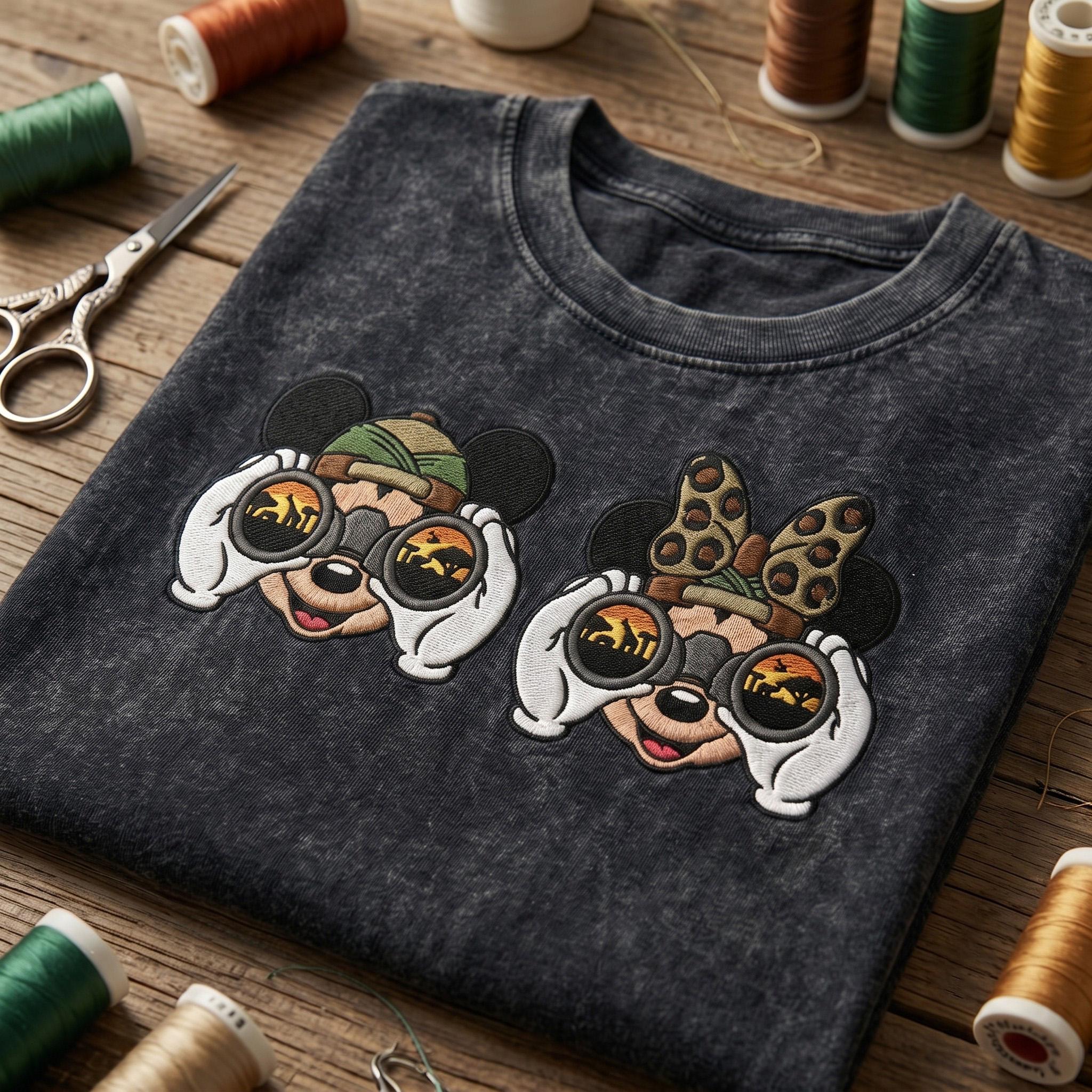 Embroidered Mickey and Minnie Safari Binoculars Mineral Wash Tee for Disney Family Matching Disneyland Vacation Park Outfit