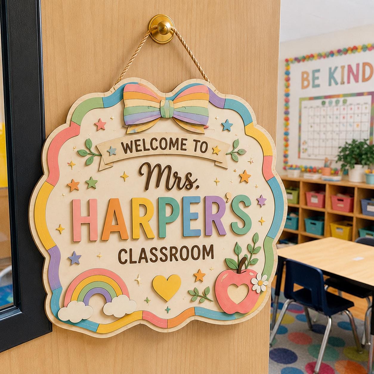Personalized Custom Teacher Name Wooden Door Hanger – Coquette Style Teacher Classroom Door Sign