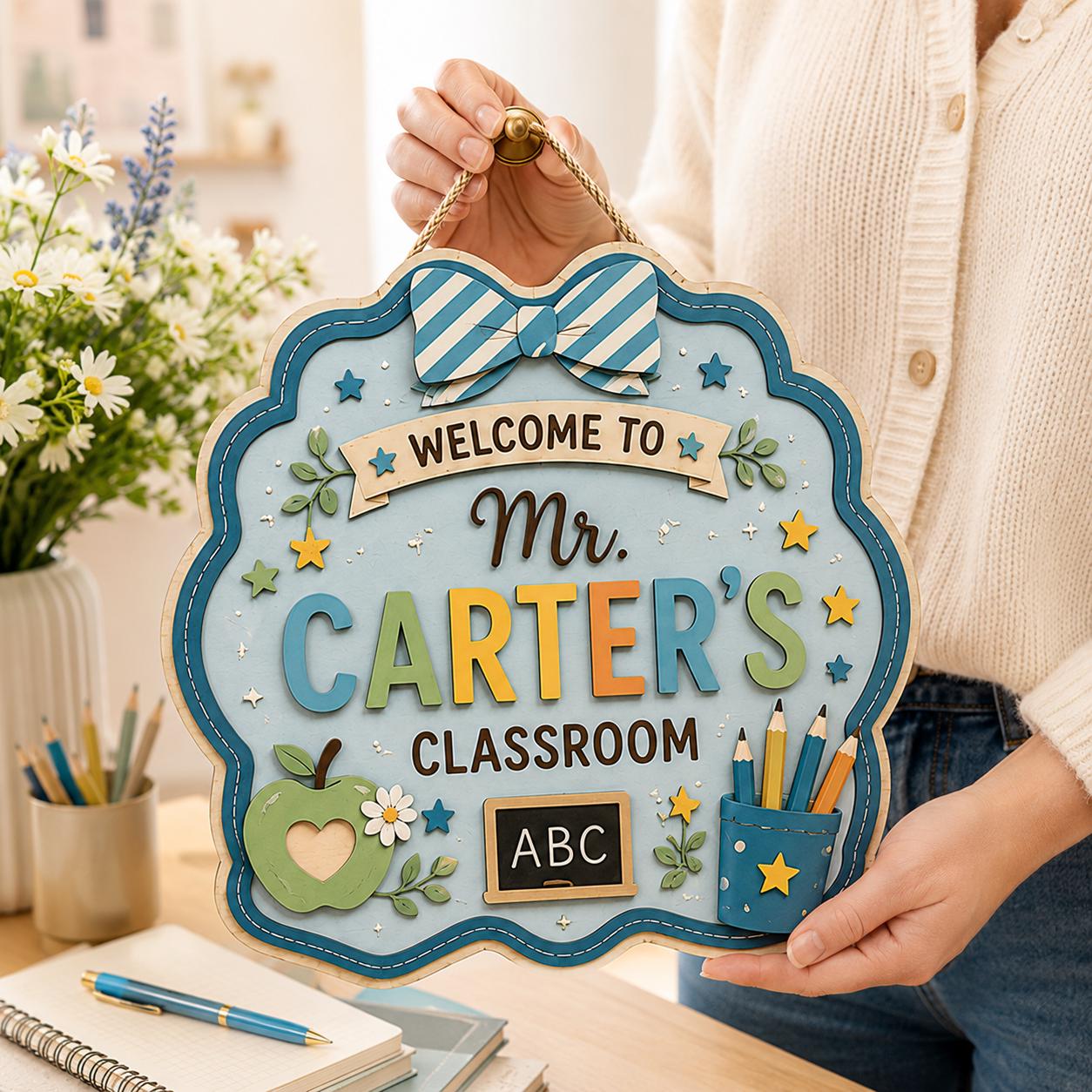 Personalized Custom Teacher Name Wooden Door Hanger – Coquette Style Teacher Classroom Door Sign - photo 2