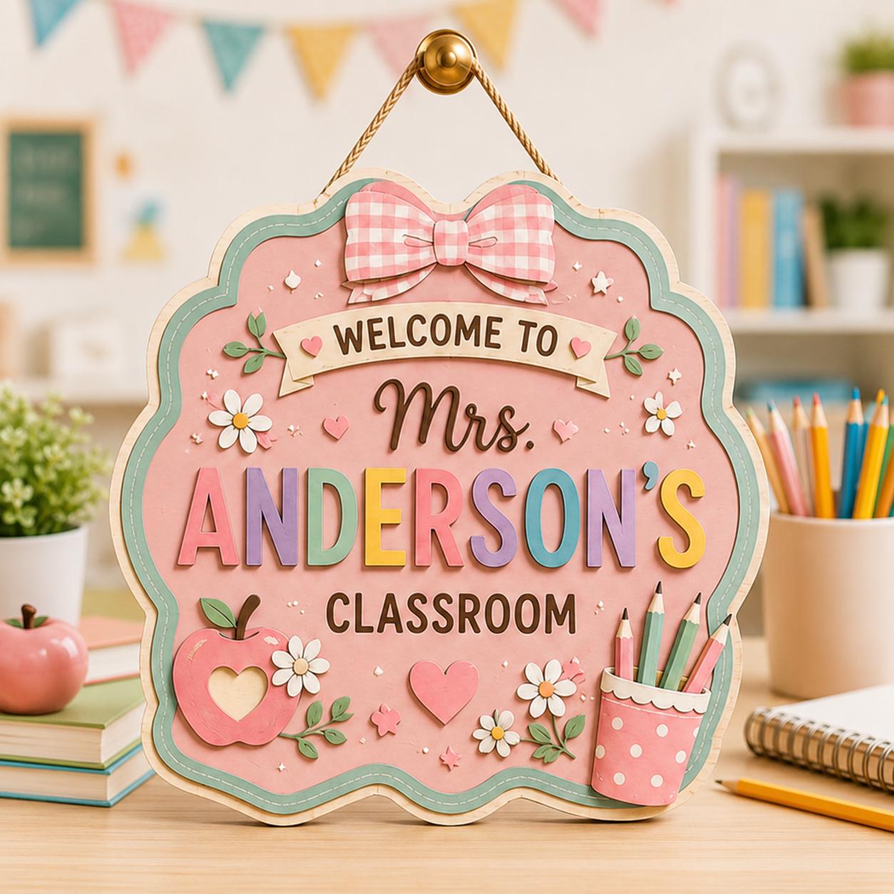 Personalized Custom Teacher Name Wooden Door Hanger – Coquette Style Teacher Classroom Door Sign - photo 3