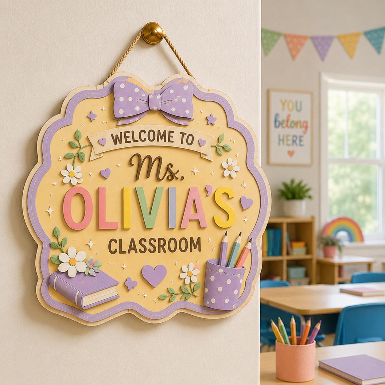 Personalized Custom Teacher Name Wooden Door Hanger – Coquette Style Teacher Classroom Door Sign - photo 4