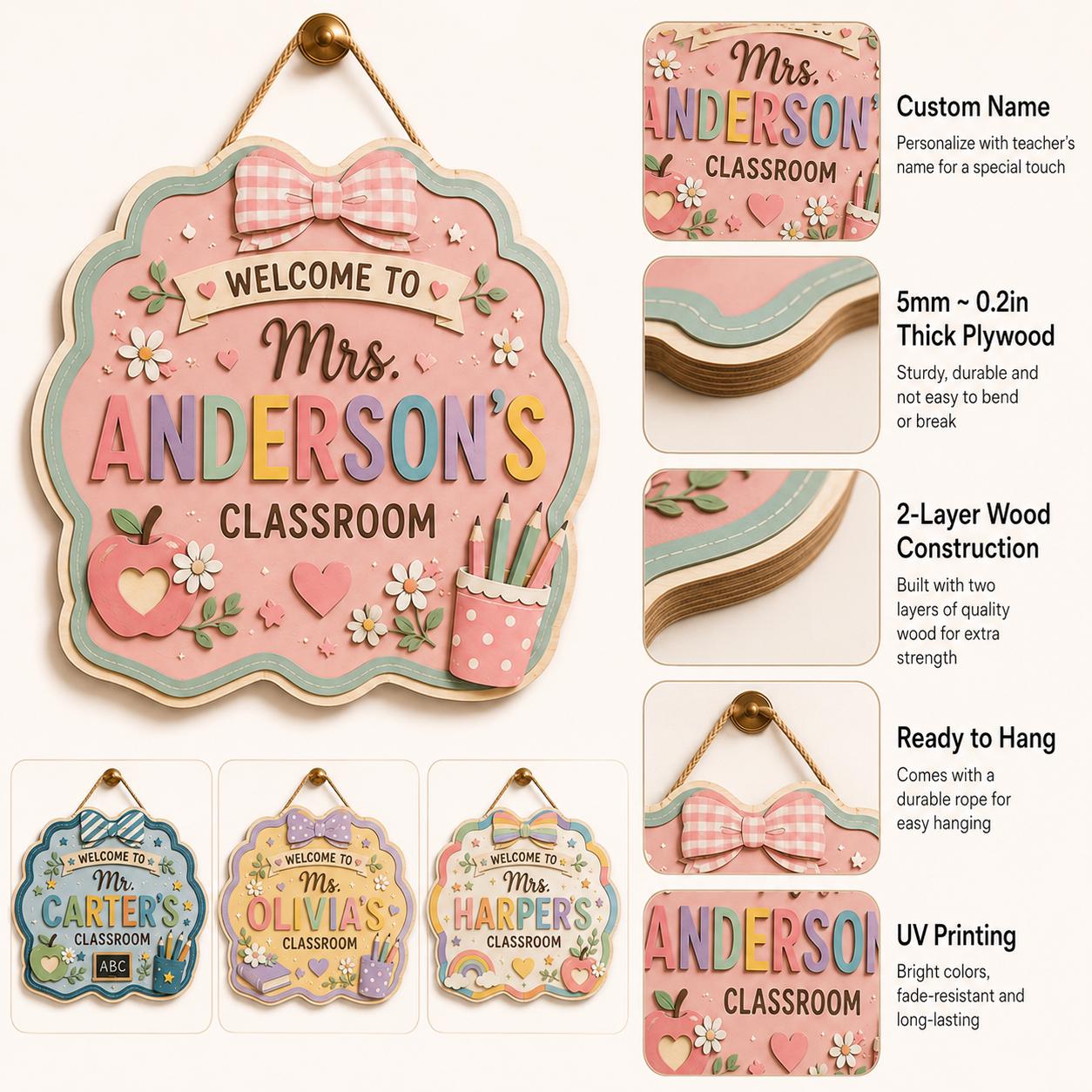 Personalized Custom Teacher Name Wooden Door Hanger – Coquette Style Teacher Classroom Door Sign - photo 5