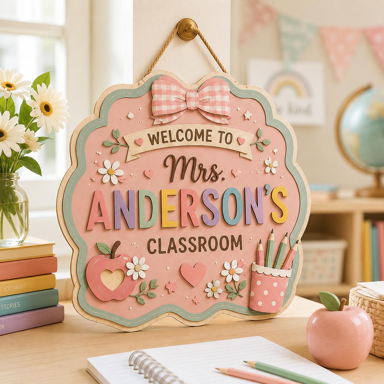 Personalized Custom Teacher Name Wooden Door Hanger – Coquette Style Teacher Classroom Door Sign - photo 7
