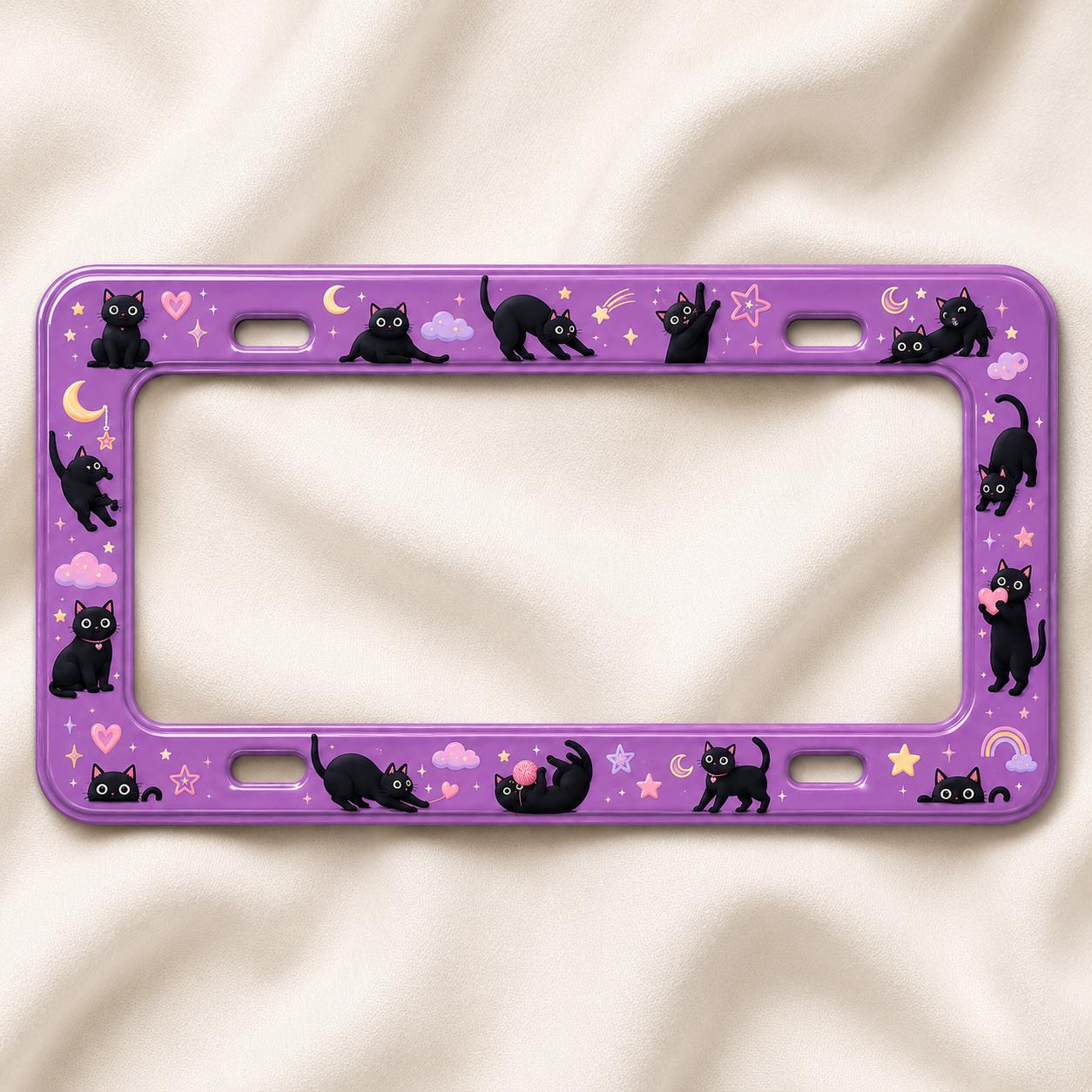 Purple Black Cat and Pumpkin Halloween License Plate Frame – Cute Spooky Car Tag Frame Auto Decor Accessory Gift