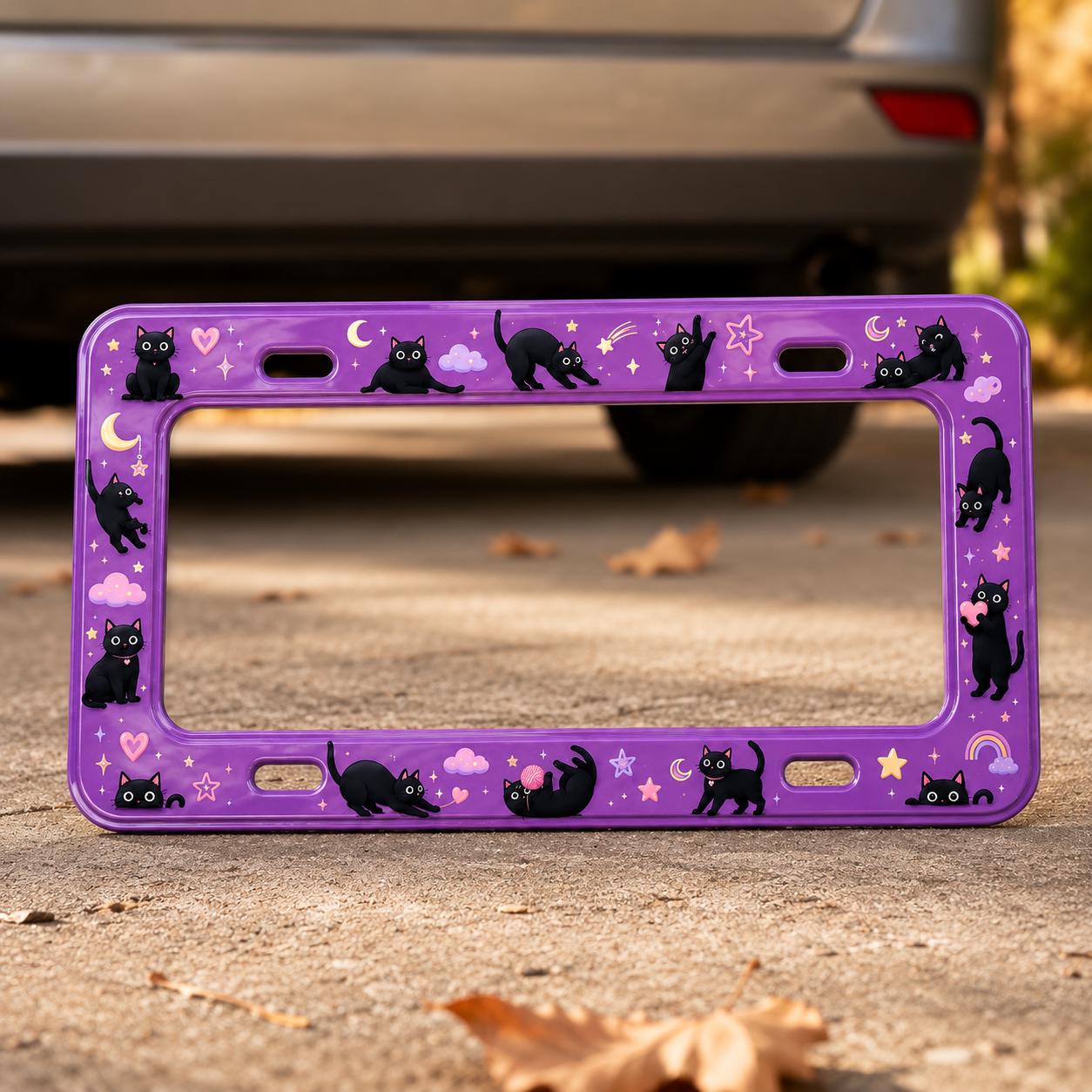 Purple Black Cat and Pumpkin Halloween License Plate Frame – Cute Spooky Car Tag Frame Auto Decor Accessory Gift - photo 2