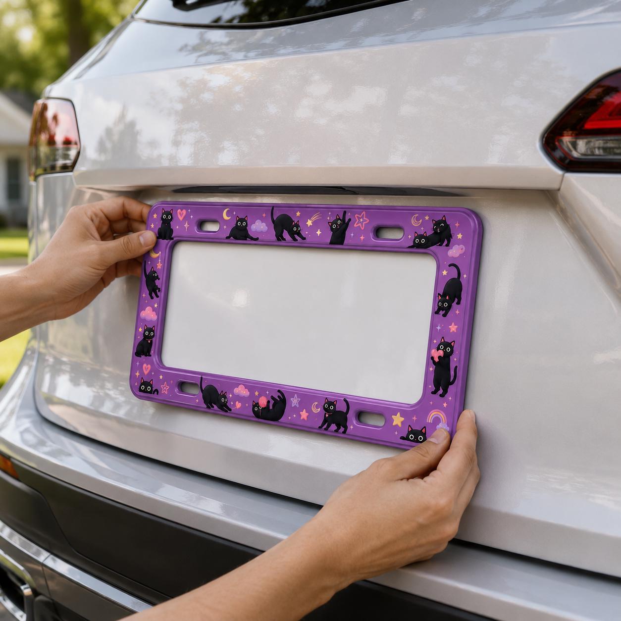 Purple Black Cat and Pumpkin Halloween License Plate Frame – Cute Spooky Car Tag Frame Auto Decor Accessory Gift - photo 3