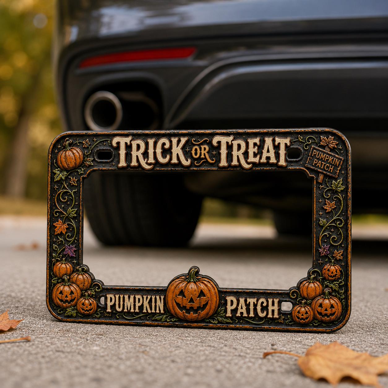 Trick or Treat Pumpkin Patch Halloween License Plate Frame – Vintage Pumpkin Car Tag Frame and Spooky Auto Decor Accessory Gift