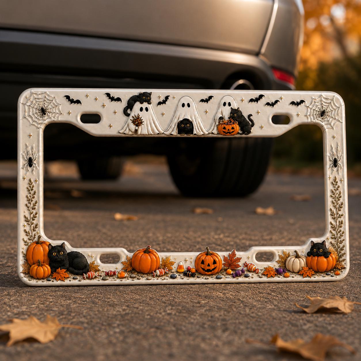 Cute Spooky Halloween License Plate Frame for Auto – Black Cat, Ghost and Pumpkin Fall Car Tag Frame Decor Accessory Gift