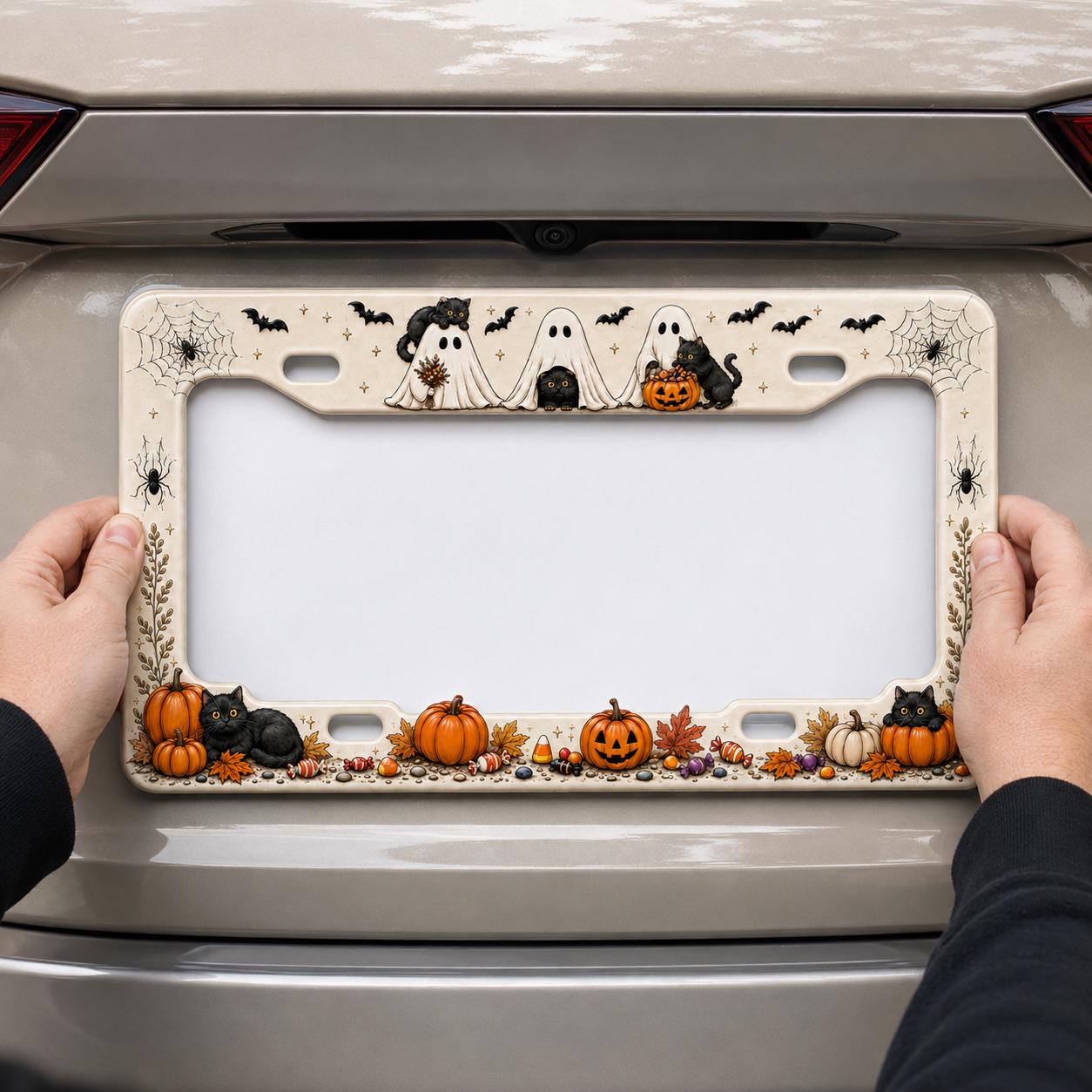 Cute Spooky Halloween License Plate Frame for Auto – Black Cat, Ghost and Pumpkin Fall Car Tag Frame Decor Accessory Gift - photo 2
