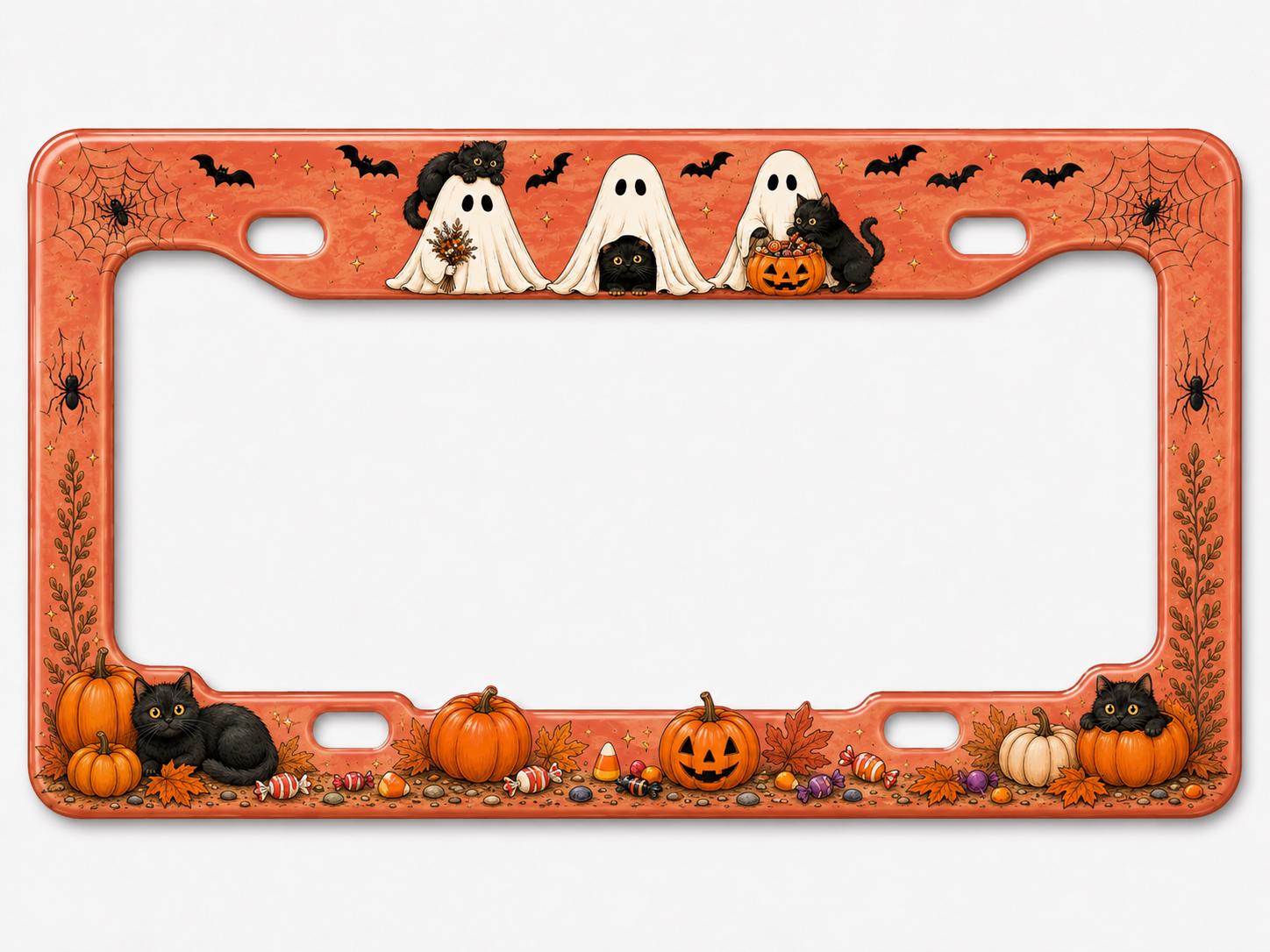 Cute Spooky Halloween License Plate Frame for Auto – Black Cat, Ghost and Pumpkin Fall Car Tag Frame Decor Accessory Gift - photo 4