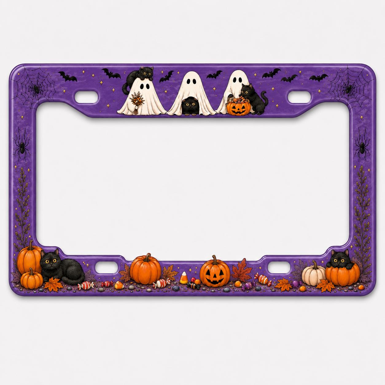 Cute Spooky Halloween License Plate Frame for Auto – Black Cat, Ghost and Pumpkin Fall Car Tag Frame Decor Accessory Gift - photo 6