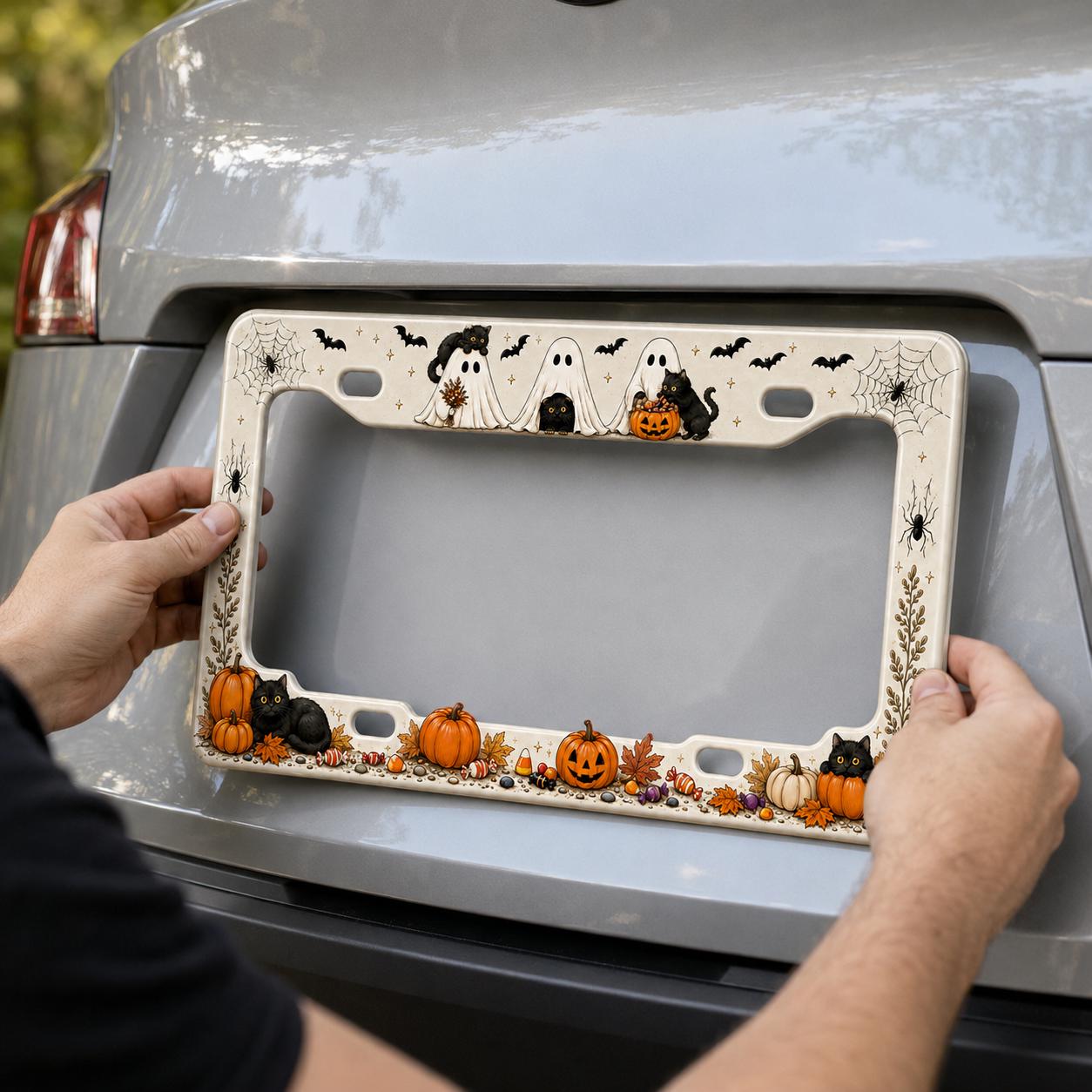 Cute Spooky Halloween License Plate Frame for Auto – Black Cat, Ghost and Pumpkin Fall Car Tag Frame Decor Accessory Gift - photo 7