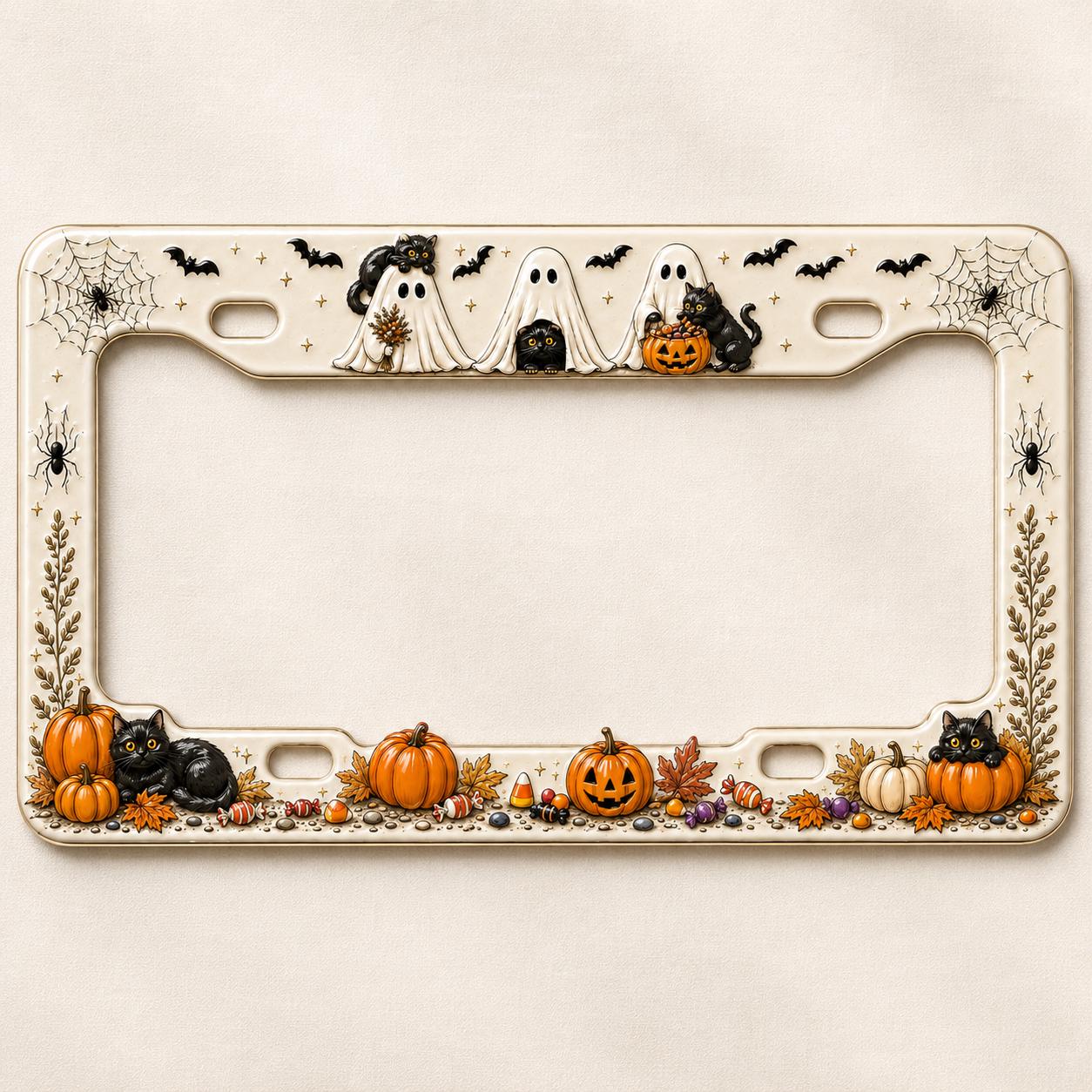Cute Spooky Halloween License Plate Frame for Auto – Black Cat, Ghost and Pumpkin Fall Car Tag Frame Decor Accessory Gift - photo 8