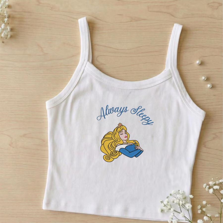 Embroidered Always Sleepy Sleeping Beauty Tank Top, Disney Princess Aurora Baby Tee for Magic Kingdom Disneyland Trip Outfit - photo 3