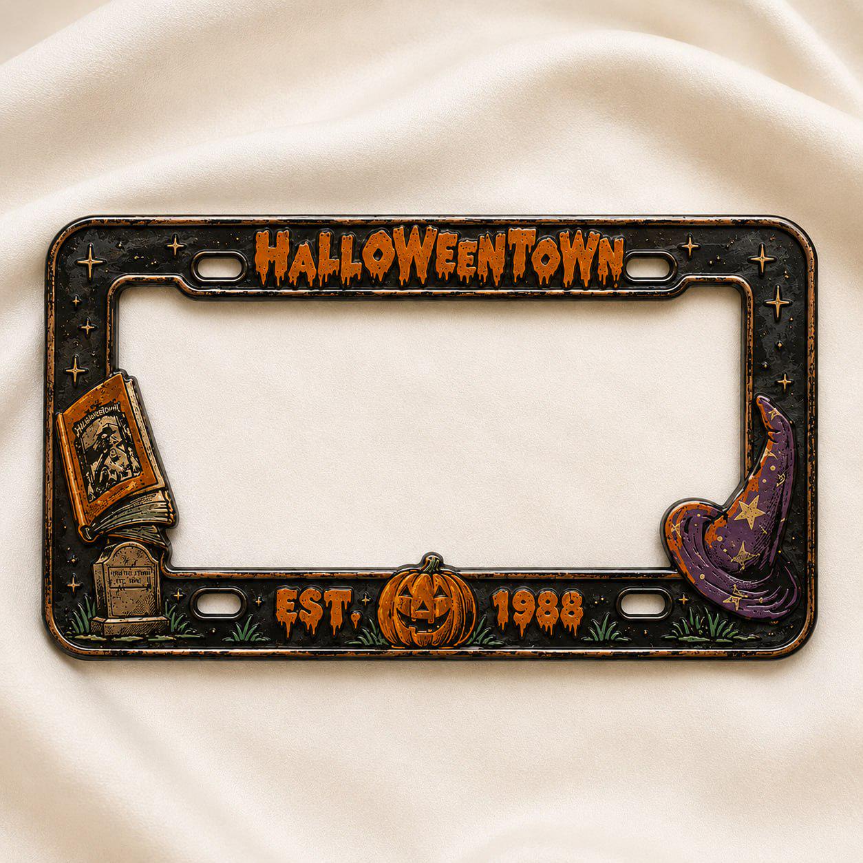 Car Tag Frame For Spooky Car Accessory Gift With Halloween Town License Plate Frame And Spooky Witch Hat Pumpkin Auto Decor