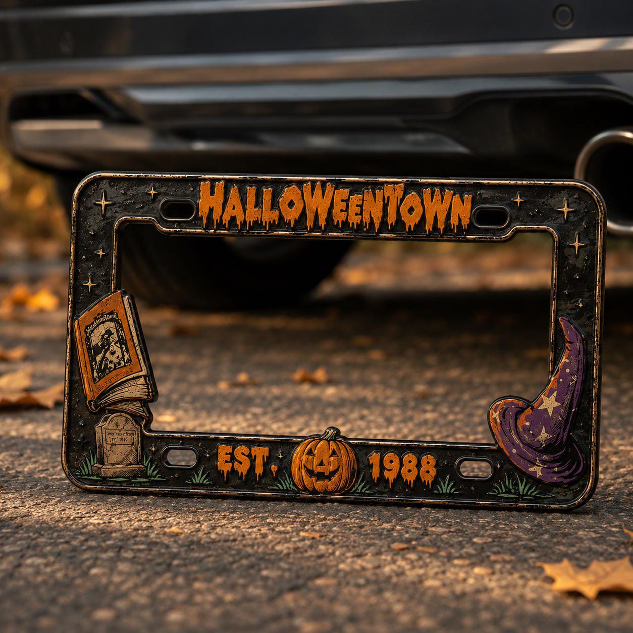 Car Tag Frame For Spooky Car Accessory Gift With Halloween Town License Plate Frame And Spooky Witch Hat Pumpkin Auto Decor - photo 2