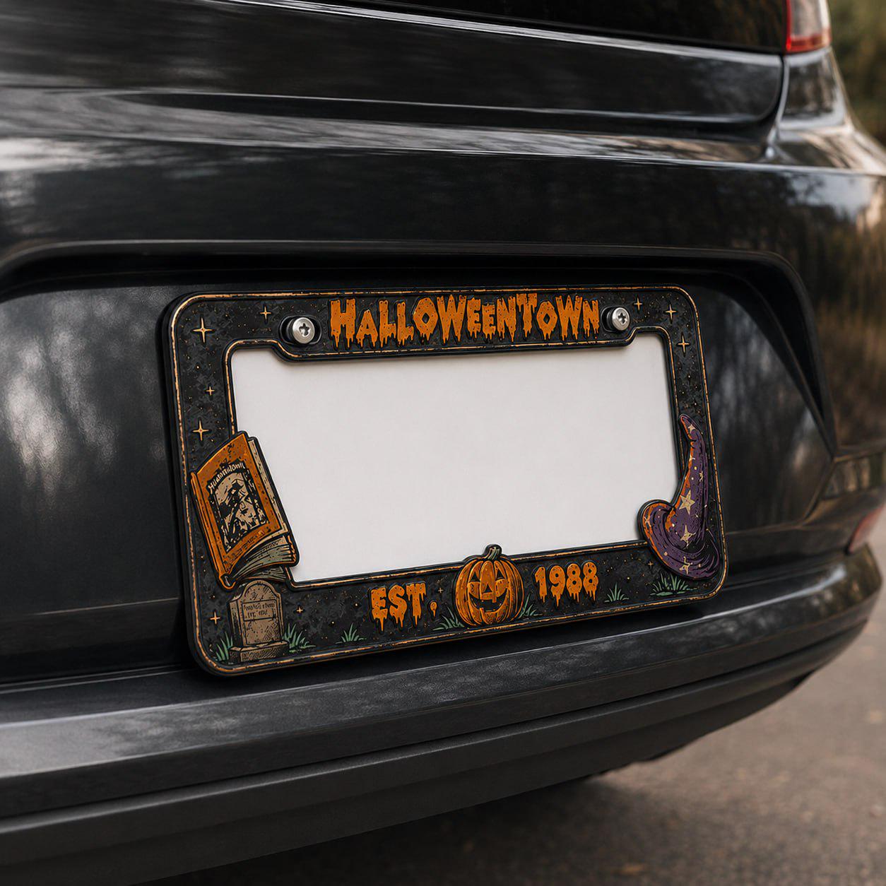 Car Tag Frame For Spooky Car Accessory Gift With Halloween Town License Plate Frame And Spooky Witch Hat Pumpkin Auto Decor - photo 3