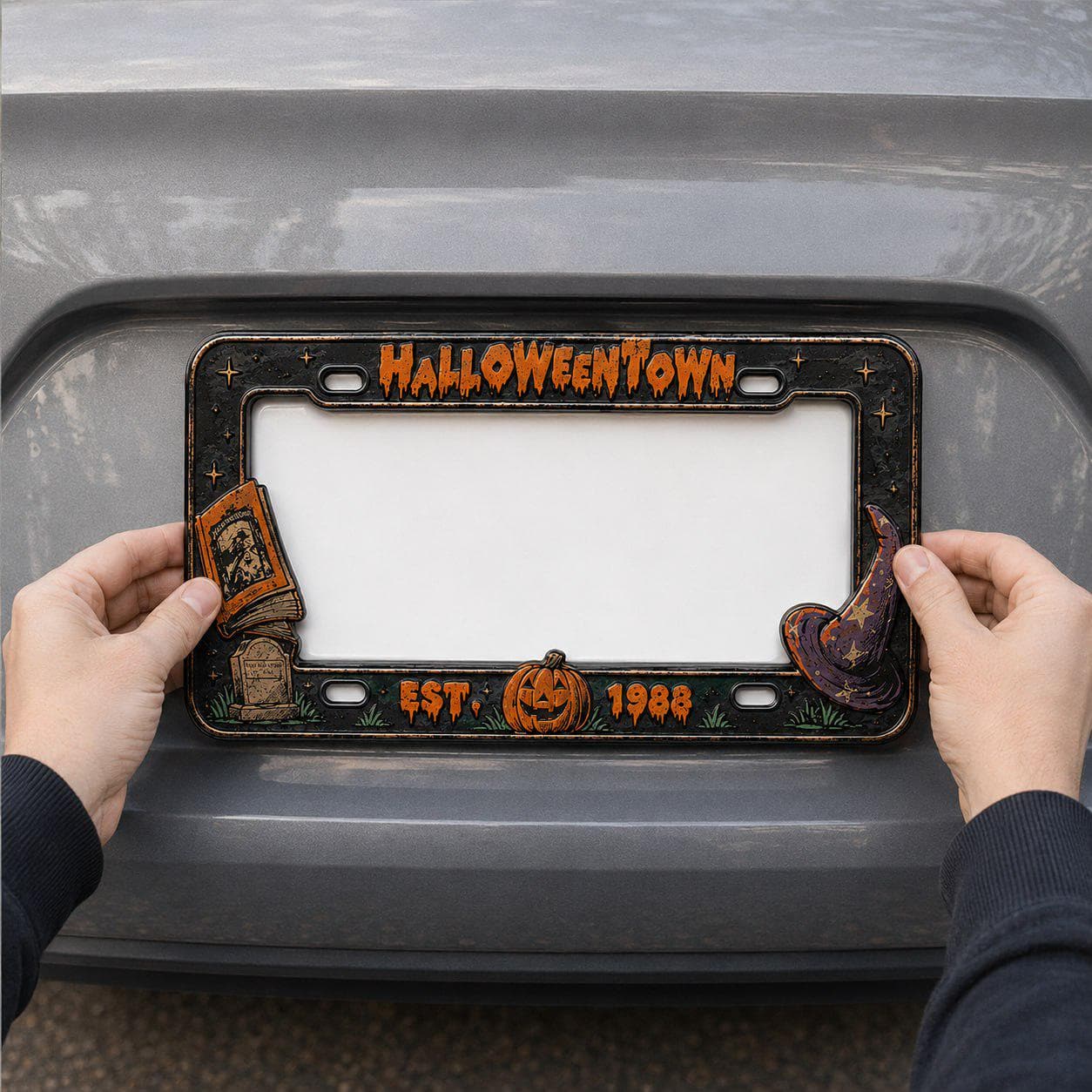 Car Tag Frame For Spooky Car Accessory Gift With Halloween Town License Plate Frame And Spooky Witch Hat Pumpkin Auto Decor - photo 4
