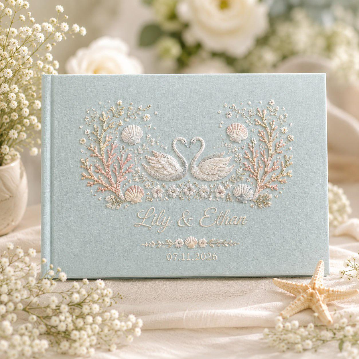 Personalized Handmade Embroidered Wedding Guest Book And Custom Linen Guestbook, Swan Beach Floral Monogram Book, Coastal Keepsake Gift