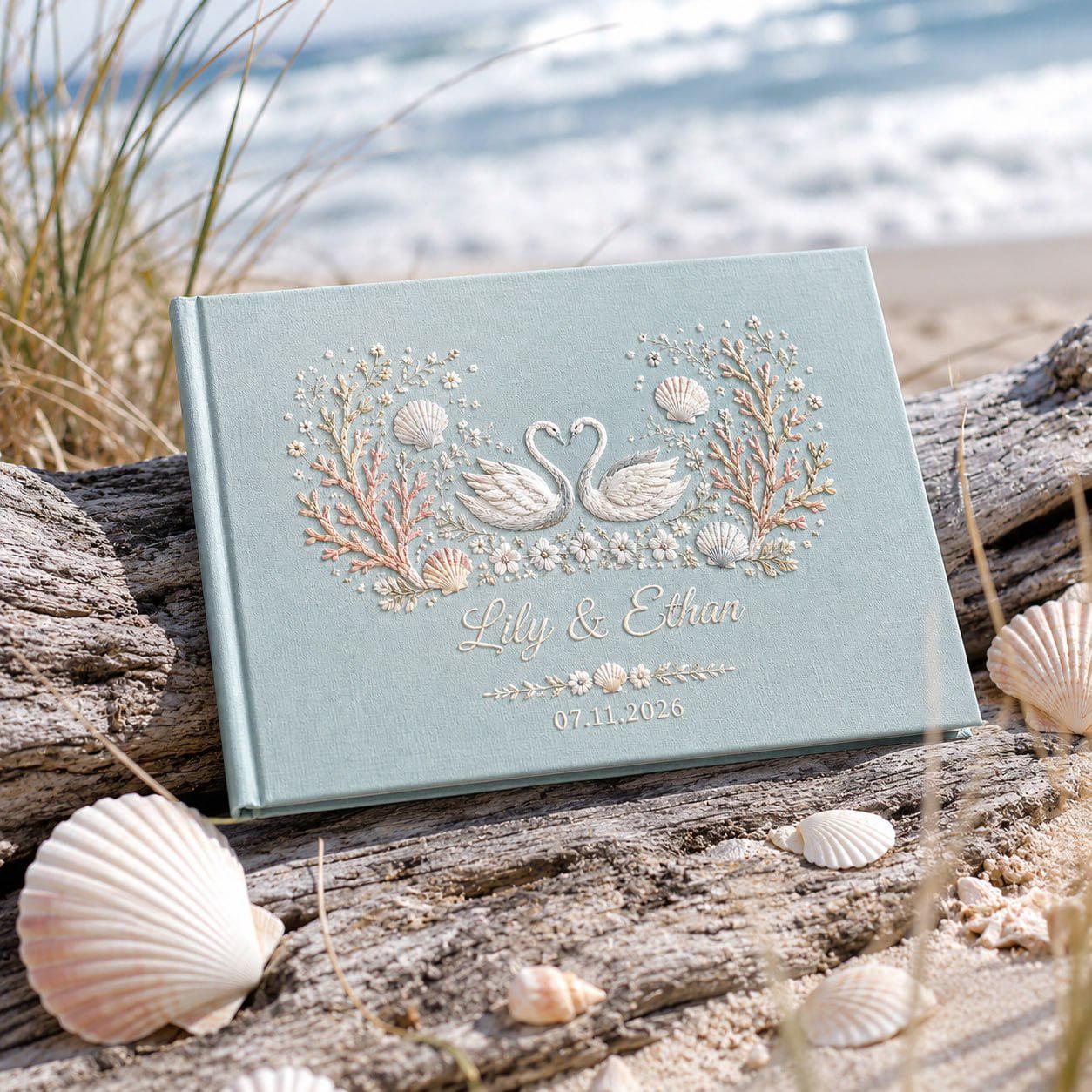 Personalized Handmade Embroidered Wedding Guest Book And Custom Linen Guestbook, Swan Beach Floral Monogram Book, Coastal Keepsake Gift - photo 2