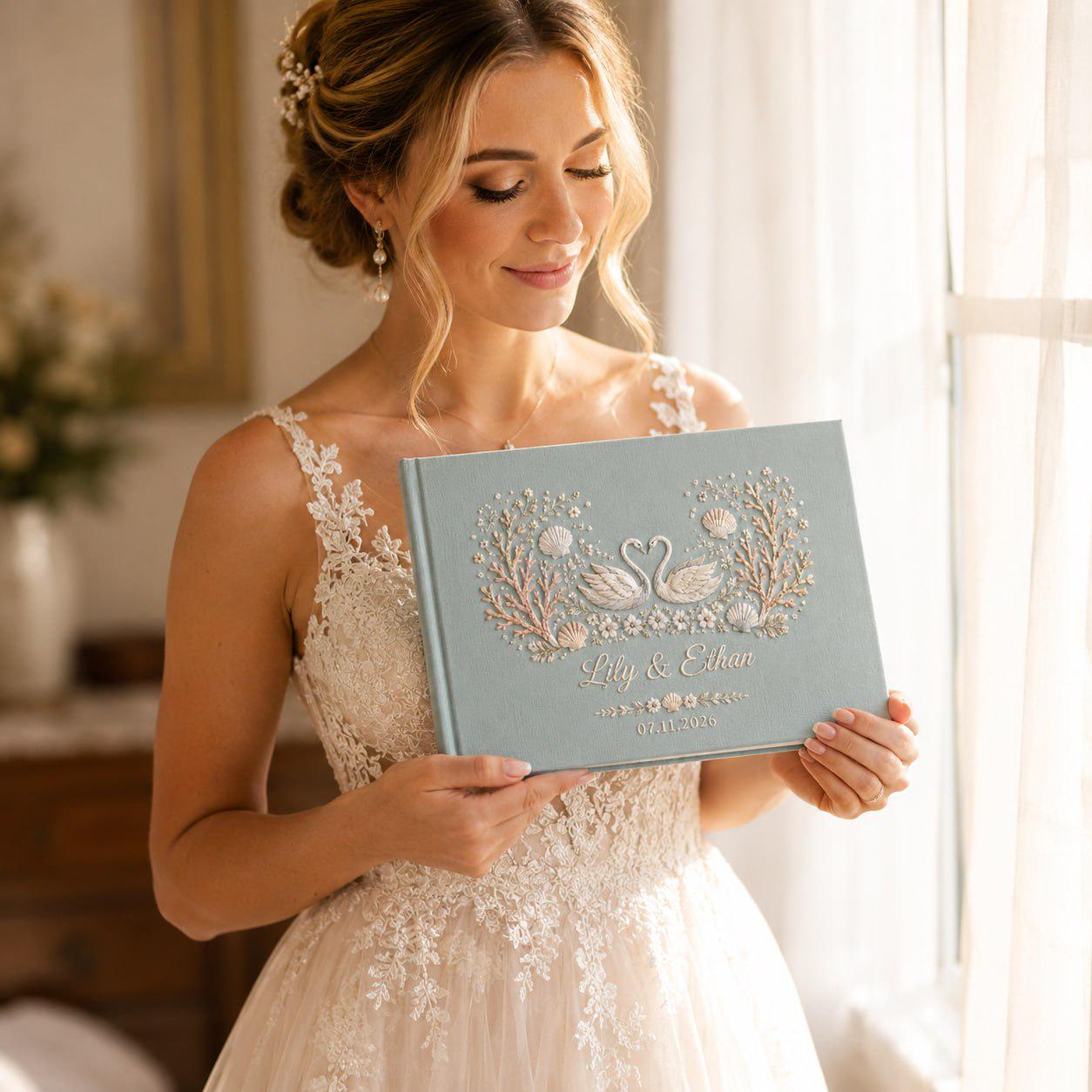 Personalized Handmade Embroidered Wedding Guest Book And Custom Linen Guestbook, Swan Beach Floral Monogram Book, Coastal Keepsake Gift - photo 3