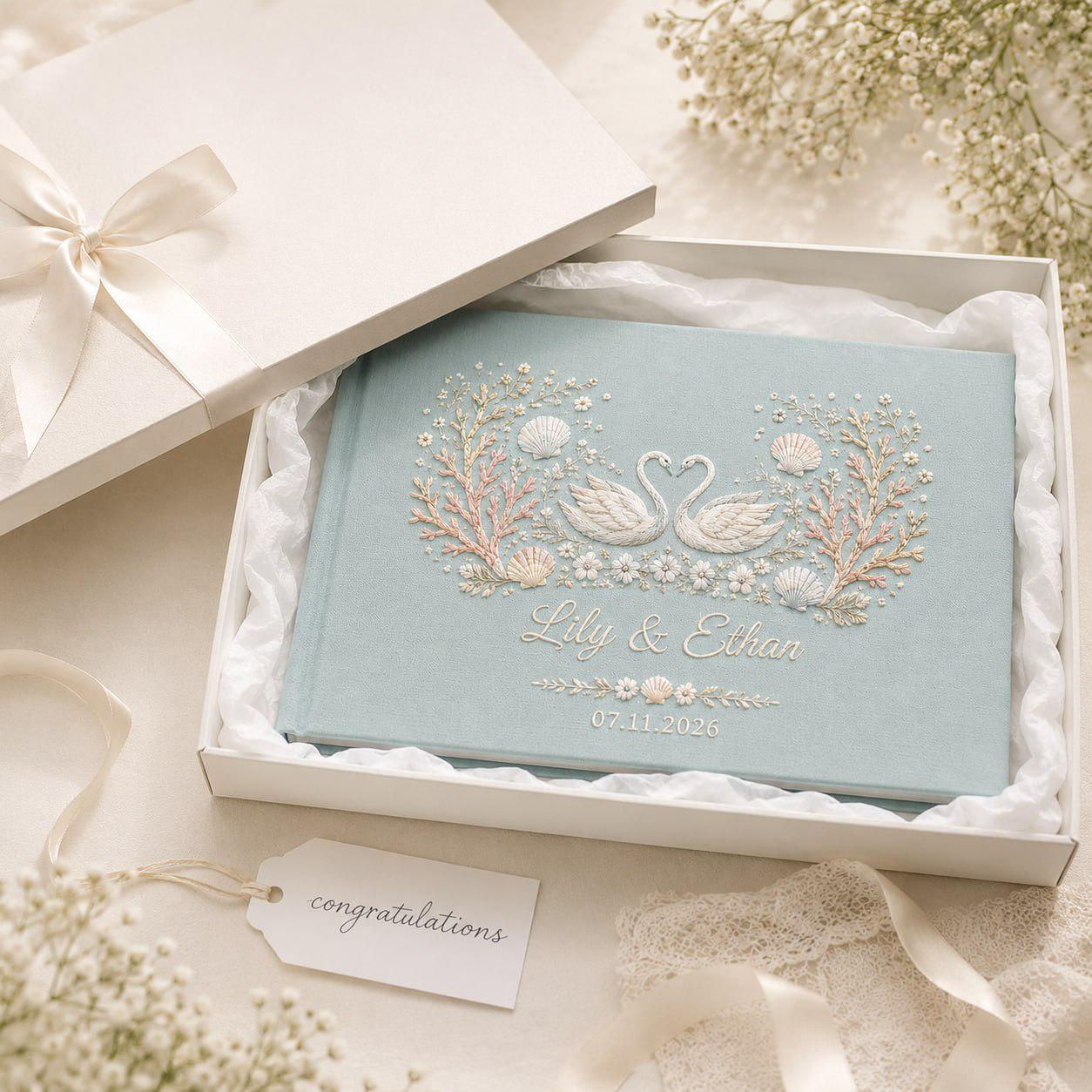 Personalized Handmade Embroidered Wedding Guest Book And Custom Linen Guestbook, Swan Beach Floral Monogram Book, Coastal Keepsake Gift - photo 7