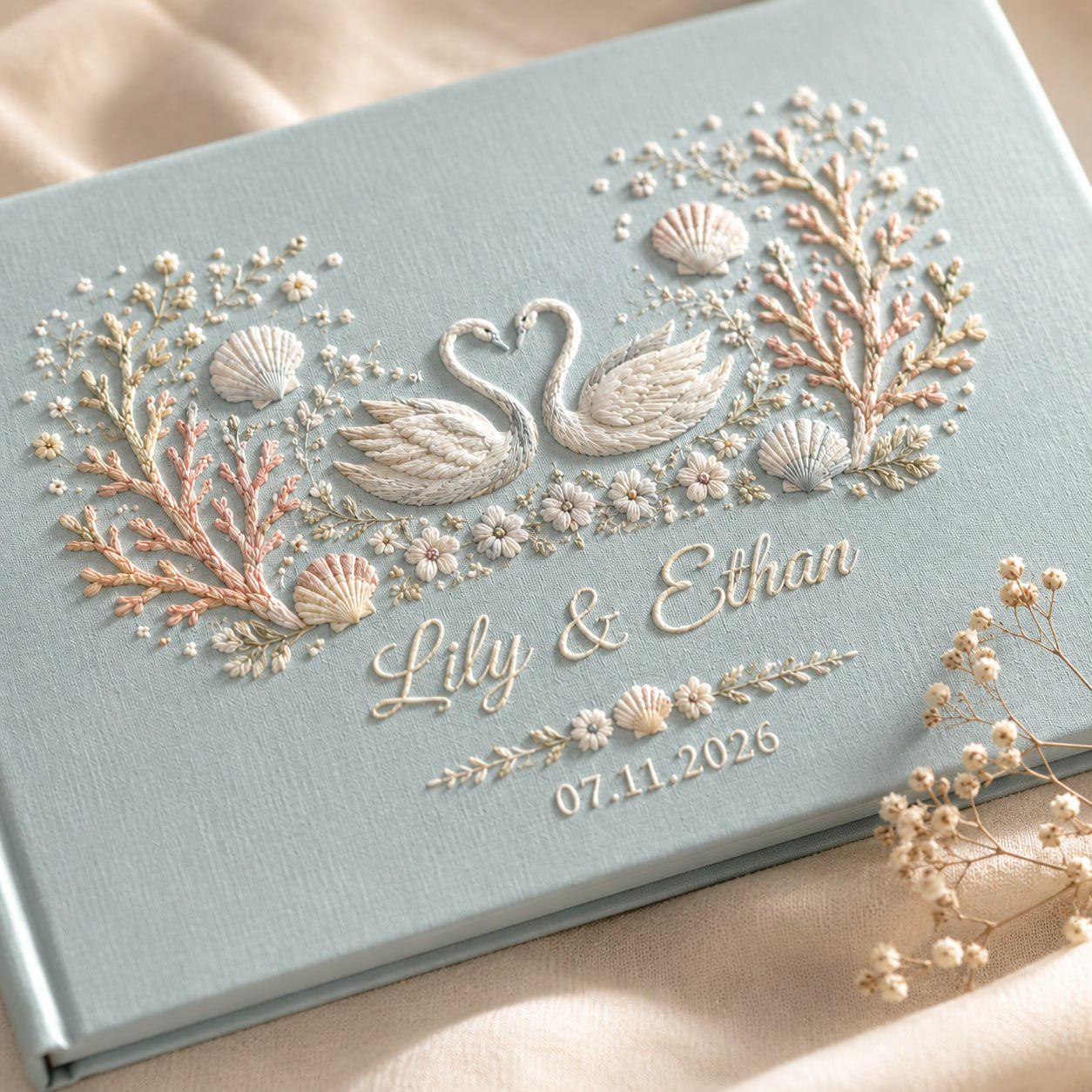 Personalized Handmade Embroidered Wedding Guest Book And Custom Linen Guestbook, Swan Beach Floral Monogram Book, Coastal Keepsake Gift - photo 8